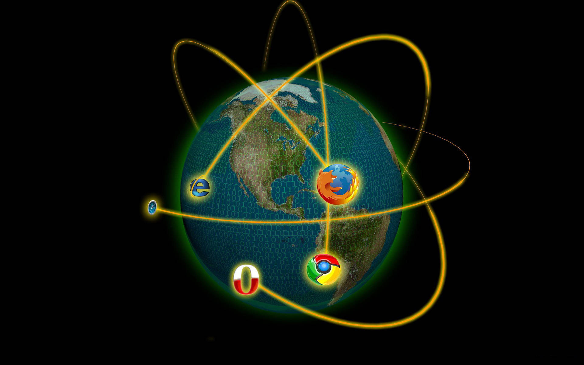 Website 桌布 壁紙 — 一個發光的地球，被沿著金色原子路徑環繞的瀏覽器標誌包圍，背景是黑色虛空。