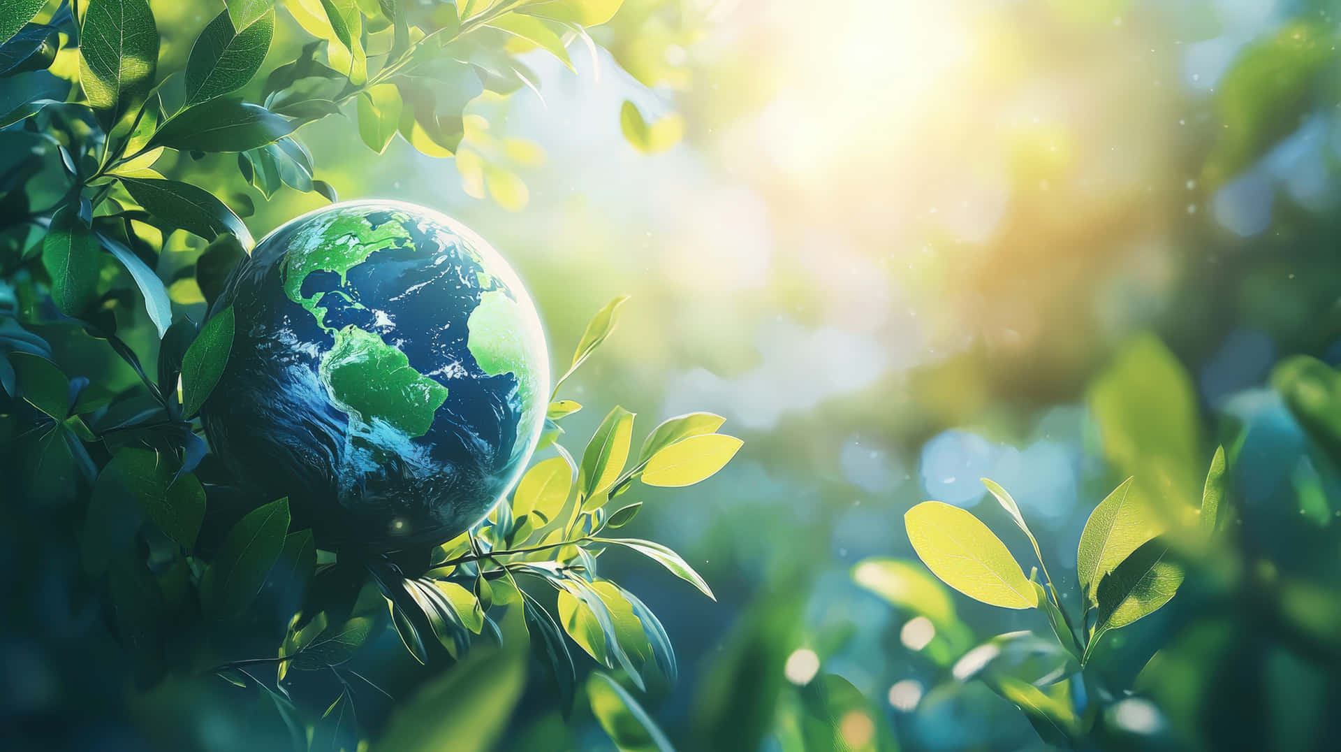 A beautifully artistic representation of Earth as a glowing orb nestled among vibrant green leaves 壁紙 — 一個發光的地球儀 nestled among vibrant green leaves with sunlight filtering through the foliage.