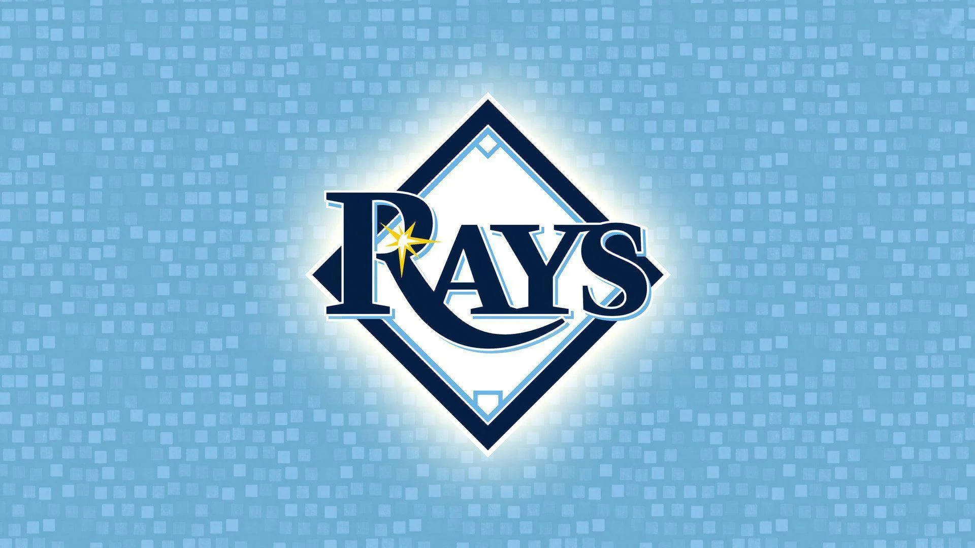 Rays 桌布 壁紙 — 一個發光的坦帕灣光芒隊棒球標誌，居中在淺藍色像素化背景上。