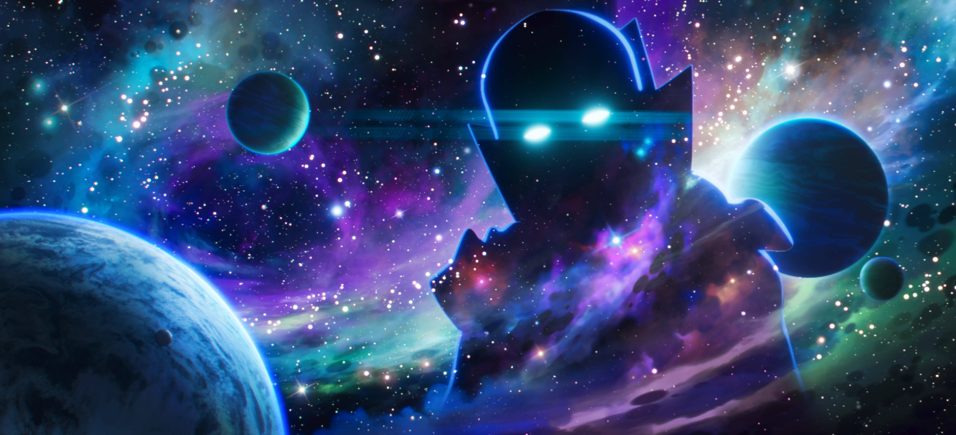 多重宇宙 桌布 壁紙 — 一個發光的外星人剪影，站在充滿活力的宇宙背景前，背景是旋轉的星雲和遙遠的行星。