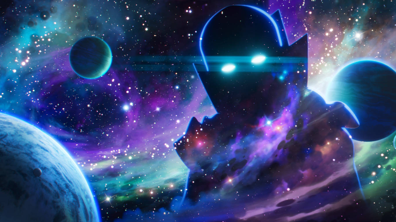 漫威 桌布 壁紙 — 一個發光的外星人身影，在充滿發光行星和恆星的鮮豔宇宙星雲背景下呈現剪影。