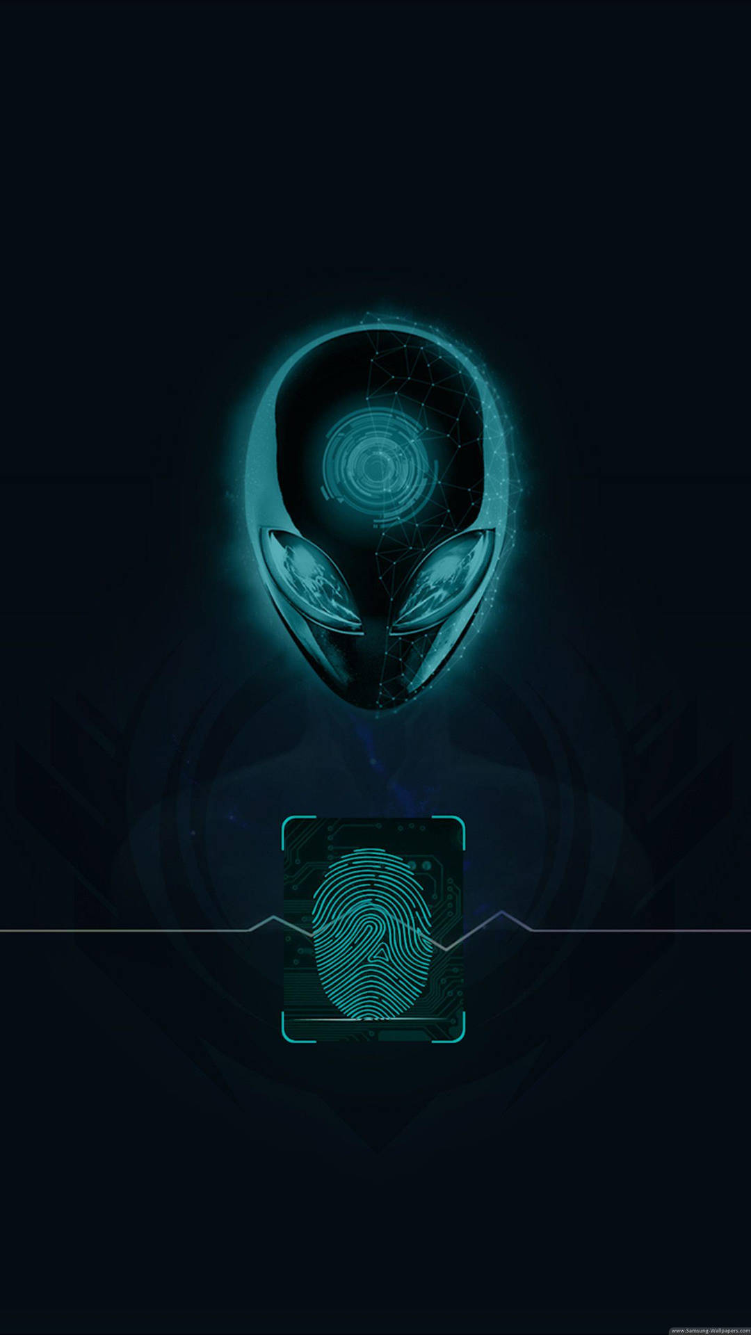 外星人頭部帶有發光藍色科技介面和指紋掃描器。 — 外星人 GIF 壁紙