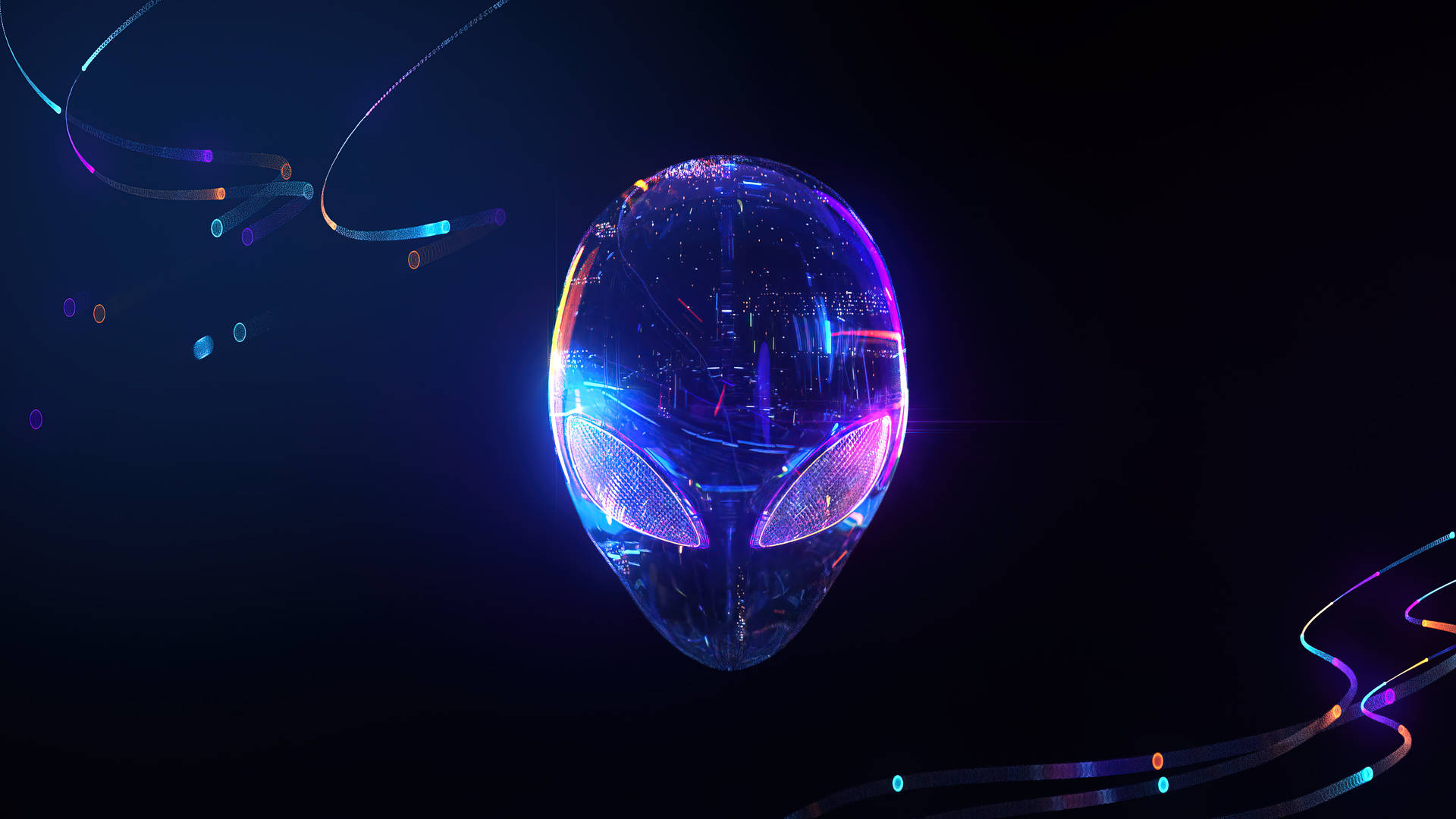 發光的外星人頭部，帶有霓虹燈光，漂浮在黑暗的數位空間中。 — 3840x2160 動態圖片 壁紙