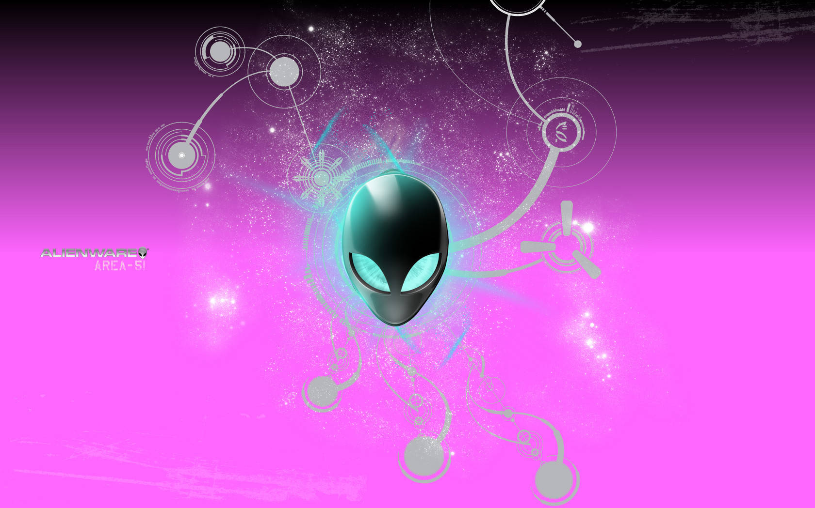 alienware default 桌布 壁紙 — 一個發光的外星人頭部，帶有青色眼睛，漂浮在宇宙粒子和未來電路之間，背景是充滿活力的粉紅色漸變。