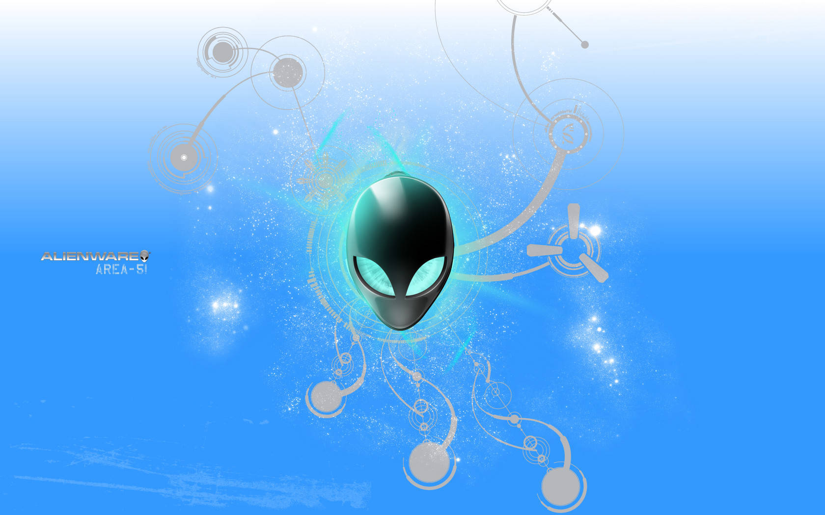 alienware default 桌布 壁紙 — 一個發光的外星人頭部，帶有青色眼睛，漂浮在旋轉的電路和閃爍的光芒中，背景是漸變藍色。