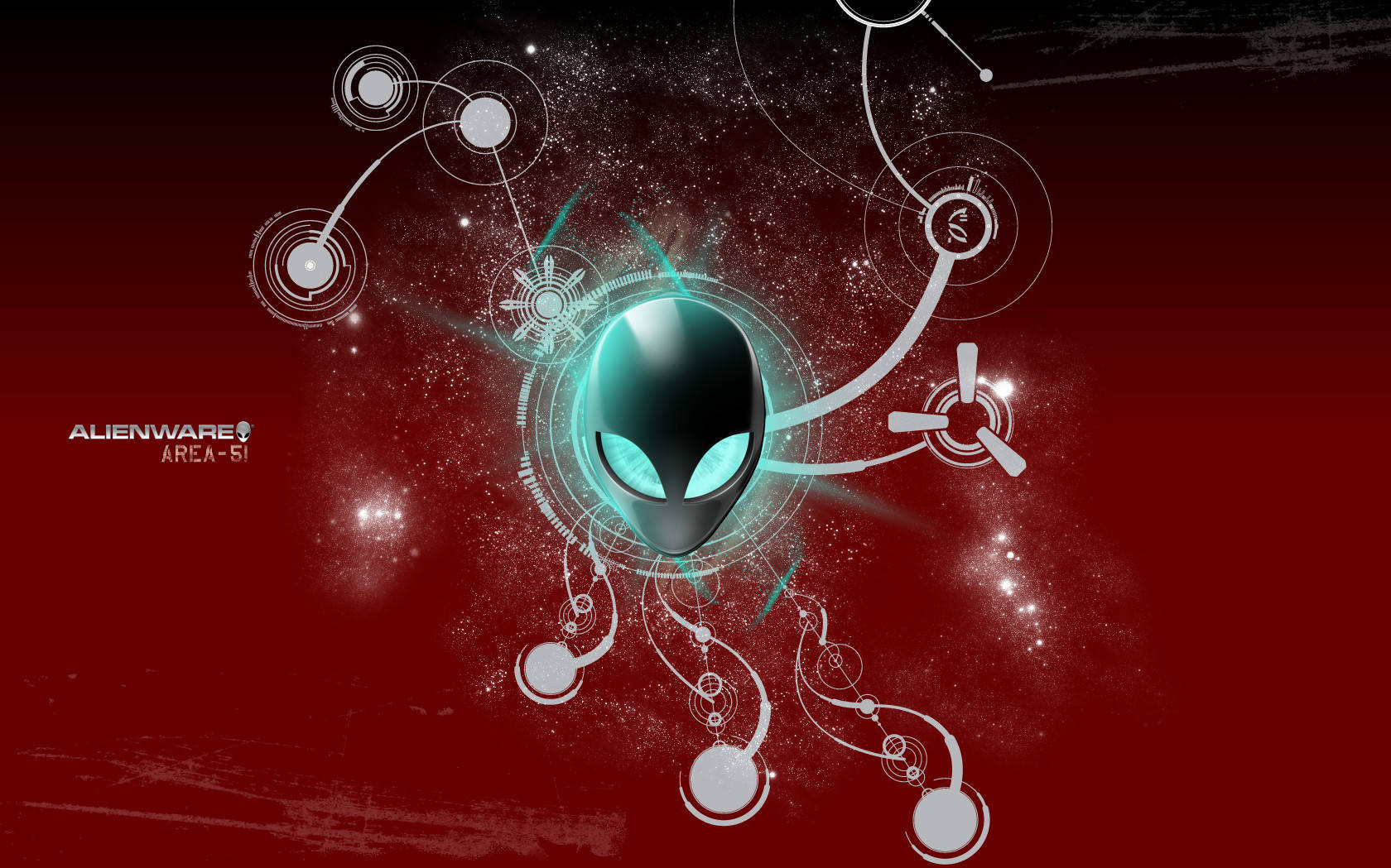 alienware default 桌布 壁紙 — 一個發光的外星人頭部，帶有青色眼睛，在深紅色宇宙背景上散發能量，並帶有白色電路狀圖案。
