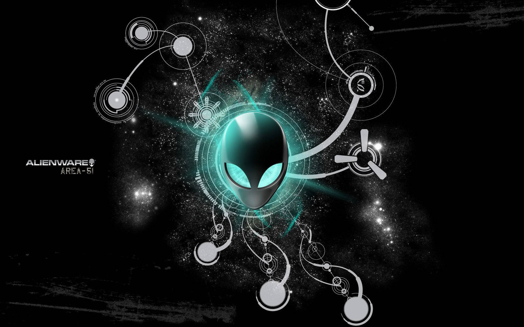 外星人 桌布 壁紙 — 一個發光的外星人頭部，帶有青色眼睛，漂浮在繁星點點的宇宙虛空中，周圍環繞著未來主義的電路和發光節點。