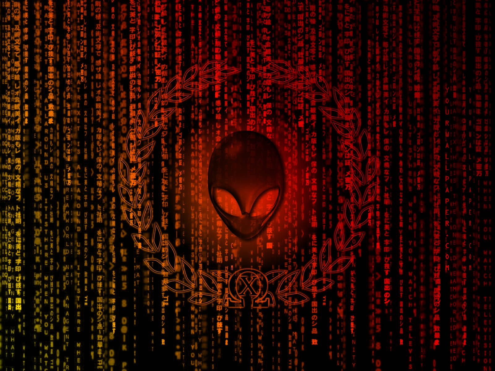alienware default 桌布 壁紙 — 一個發光的外星人頭部，由月桂花環環繞，背景是紅黃相間的數位代碼瀑布。