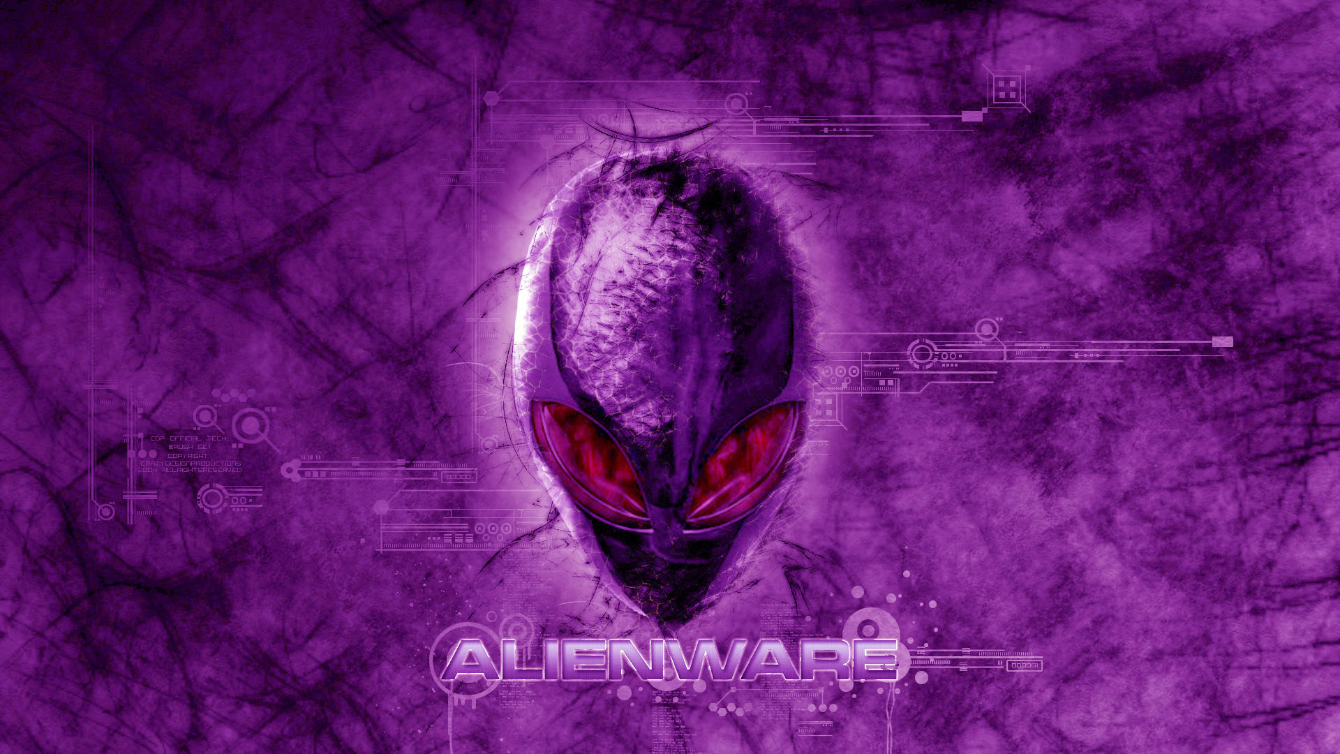 alienware logo 桌布 壁紙 — 一個發光的外星人頭部，紅色眼睛，從帶有電路覆蓋層的紫色數位介面中浮現。