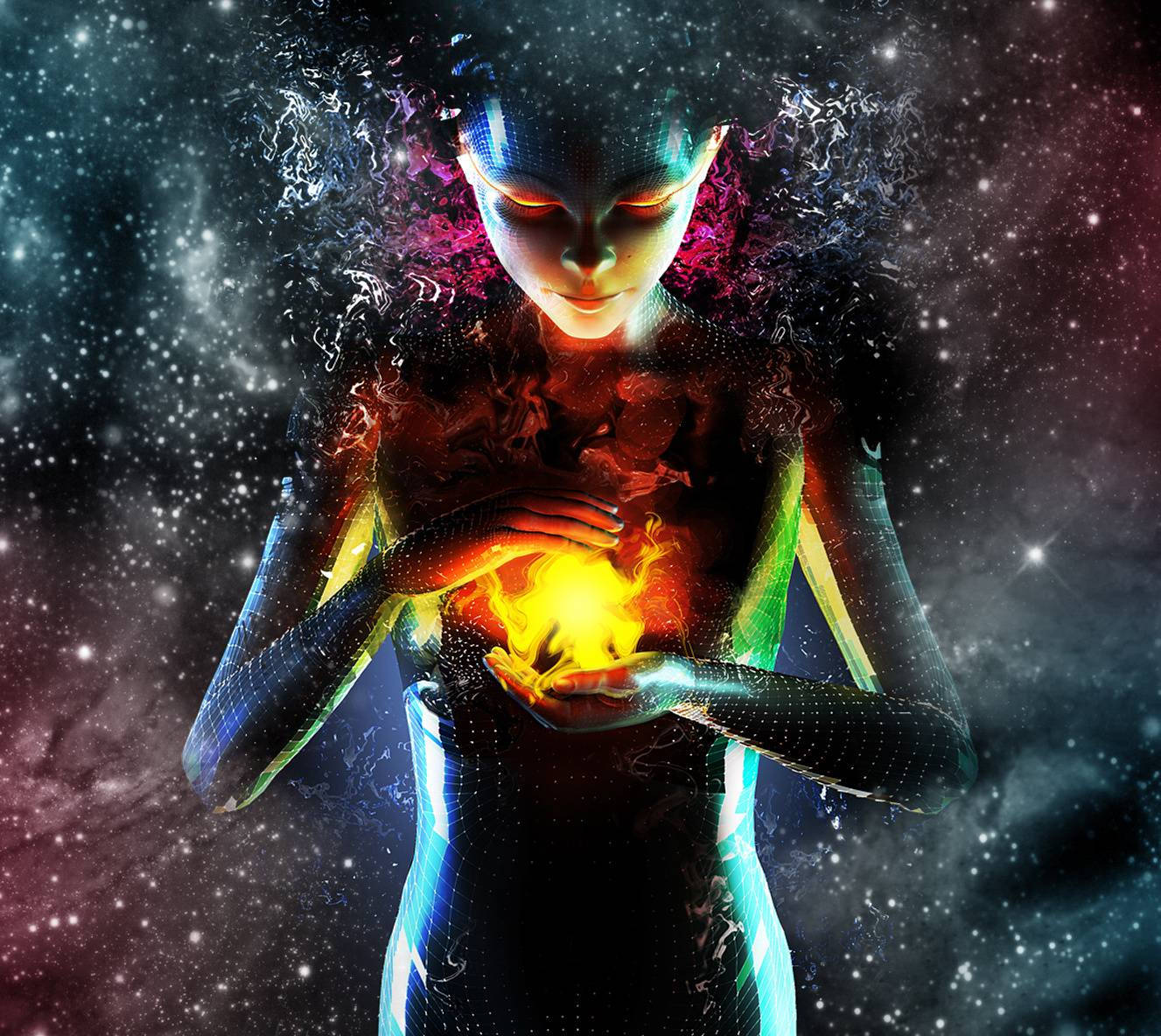 銀河 桌布 壁紙 — 一個發光的外星女人，帶有機械特徵，在星光宇宙背景下懷抱著一個發光的球體。
