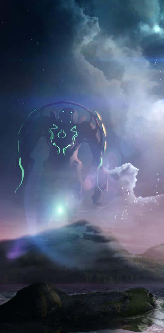 Celestials 桌布 壁紙 — 一個發光的外星生物，帶有霓虹藍色標記，在繁星點點的暮色天空下，飄浮在霧氣繚繞的山峰之上。