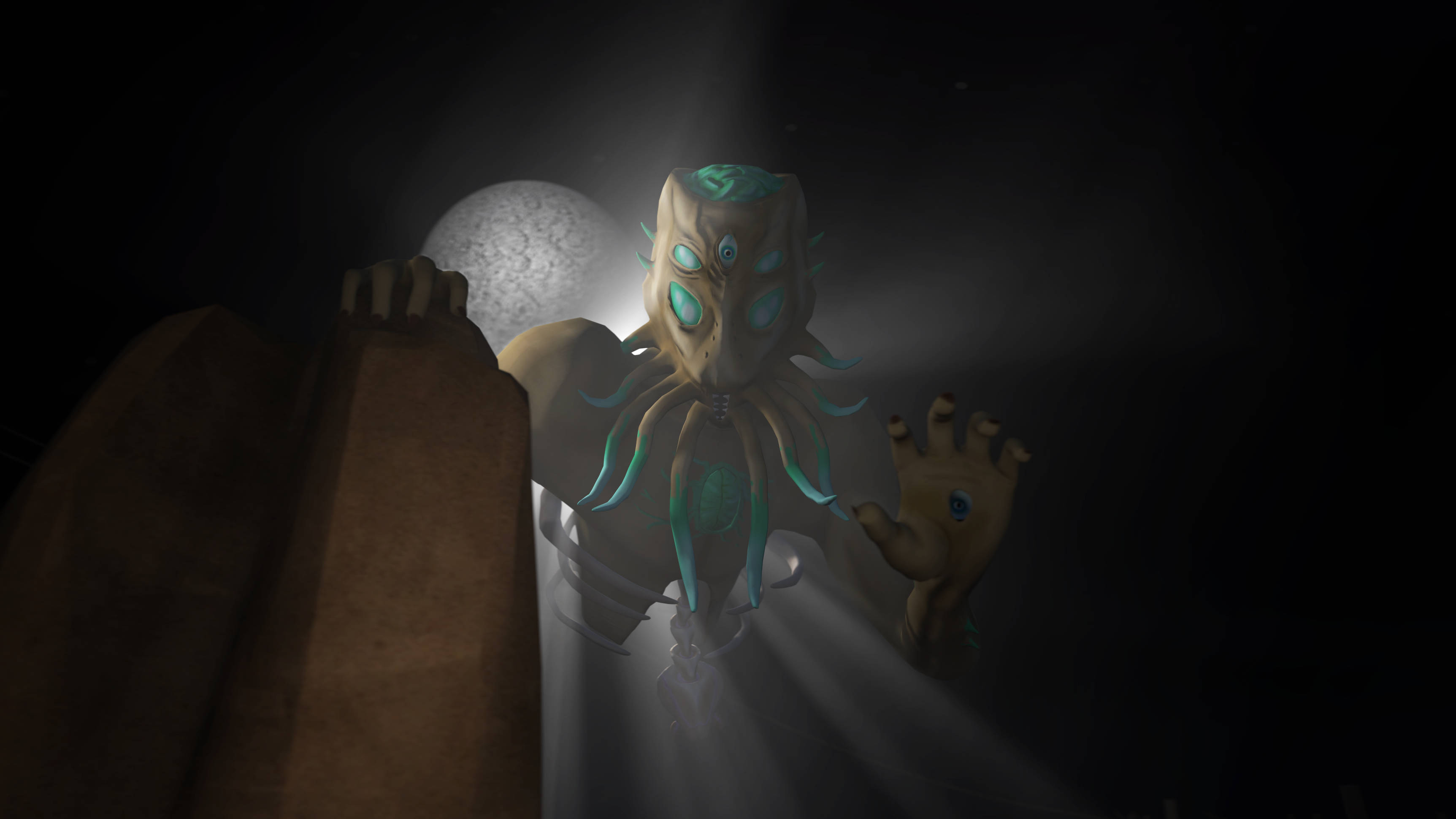 Terraria Moon Lord 桌布 壁紙 — 一個發光的外星生物，有著藍綠色眼睛和觸手，在滿月下從黑暗中出現。