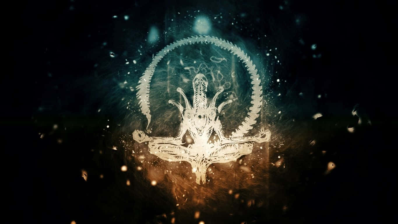 禪 桌布 壁紙 — 一個發光的外星生物以蓮花坐姿冥想，被一個帶刺的環圍繞，背景是黑暗的宇宙，有漂浮的粒子。