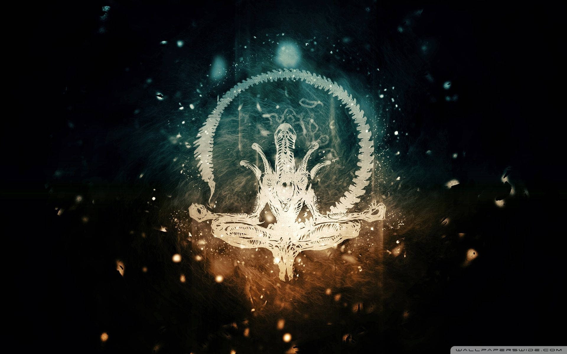禪 桌布 壁紙 — 一個發光的外星生物在圓形框架內以蓮花坐姿冥想，背景是黑暗的宇宙空間，有漂浮的粒子。