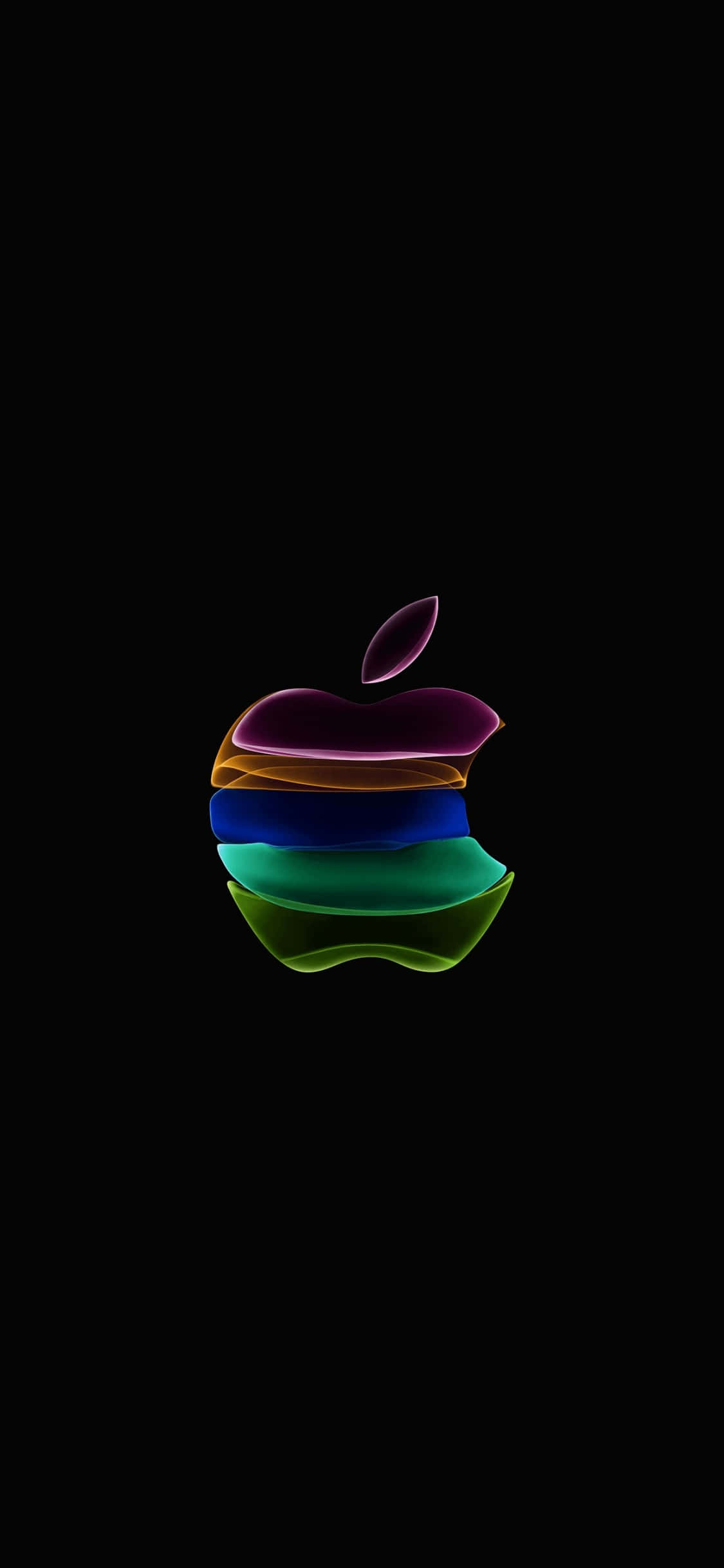iPhone 11 桌布 壁紙 — 一個發光的多色Apple標誌漂浮在純黑色背景上，帶有平滑的漸變層。
