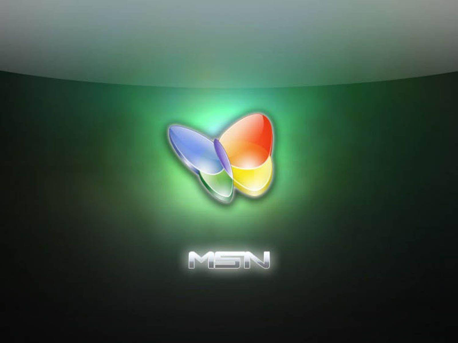 Software 桌布 壁紙 — 一個發光的多色蝴蝶標誌，中央帶有「MSN」文字，背景為深綠色漸變。