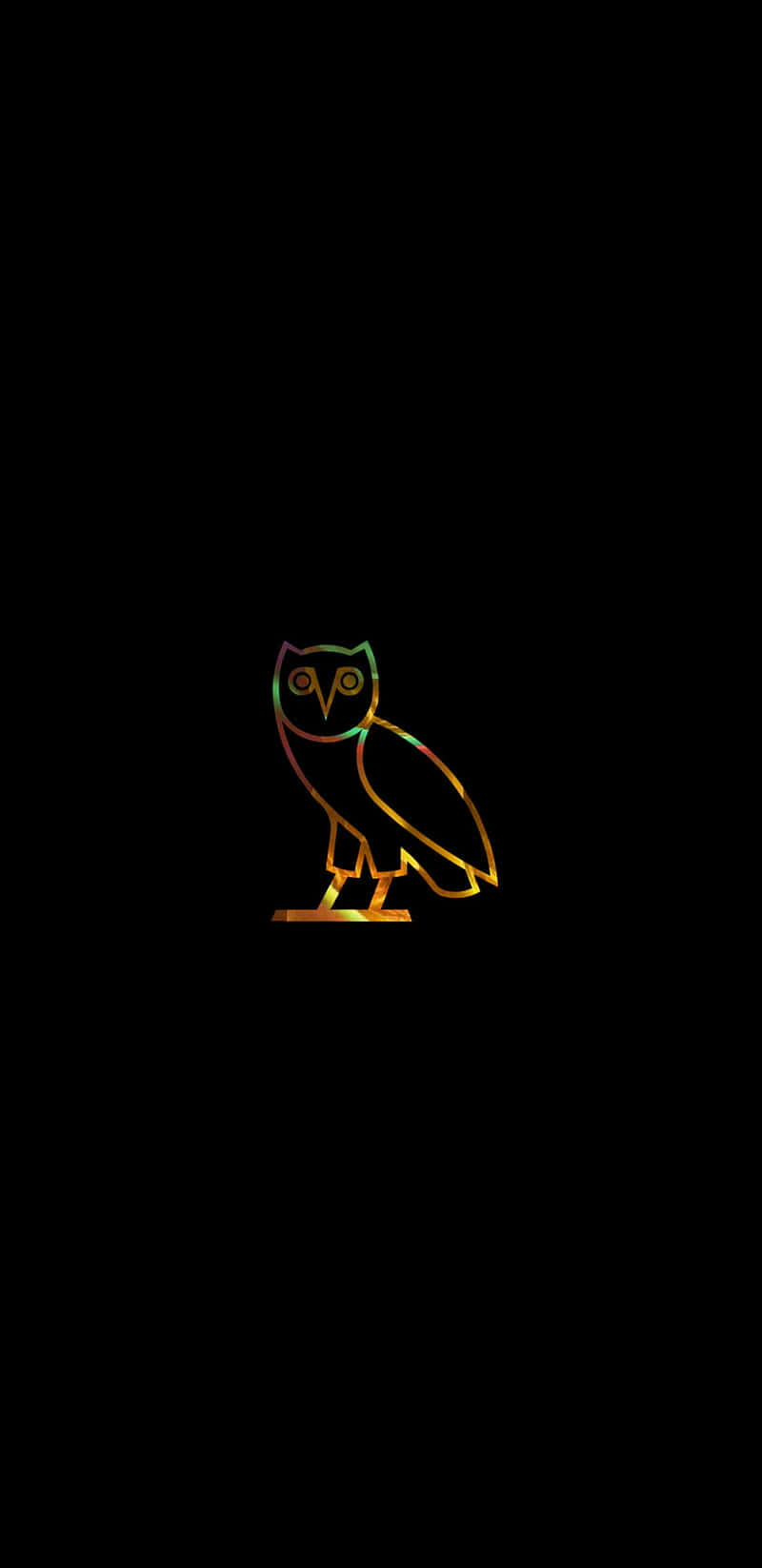 Drake Ovo Owl iPhone 桌布 壁紙 — 一個發光的多色貓頭鷹剪影，居中於純黑色背景上。