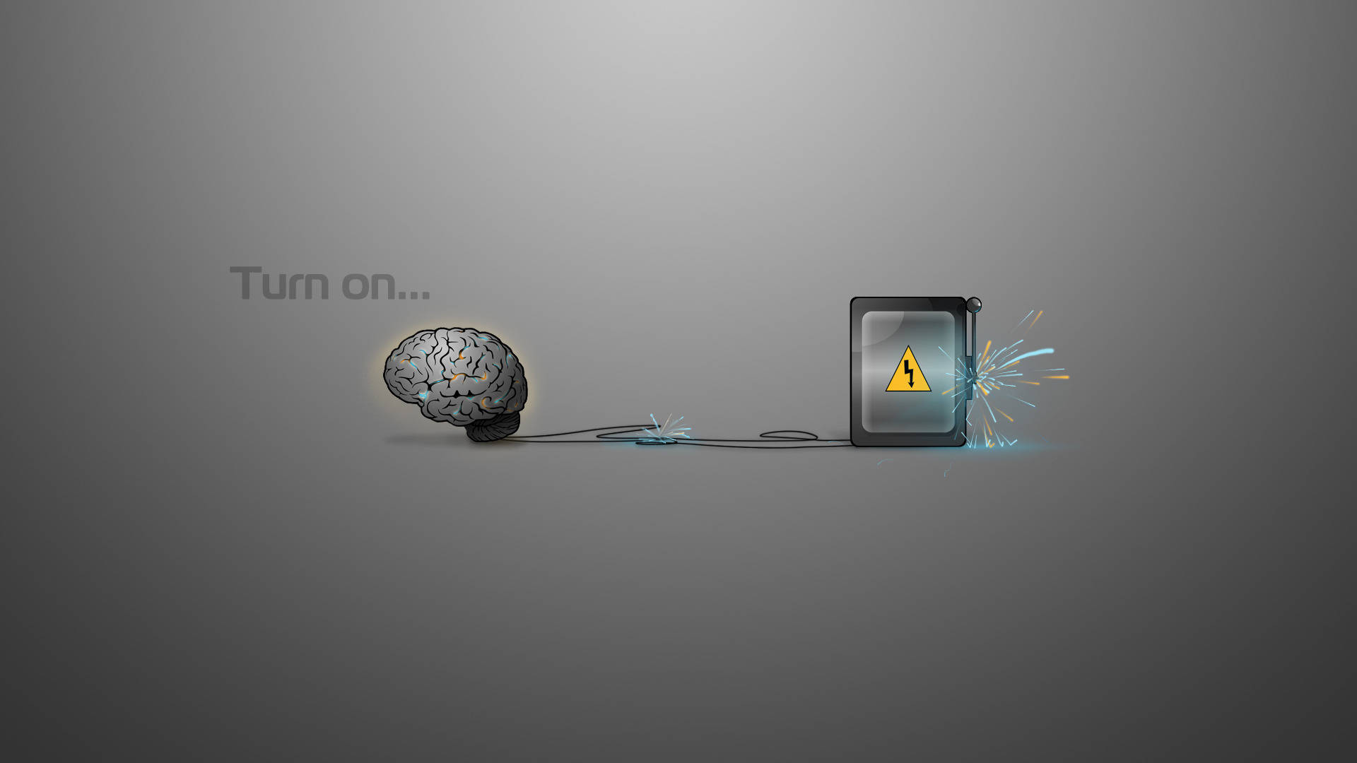 Brain 桌布 壁紙 — 一個發光的大腦，透過火花四濺的電線連接到一個在漸層灰色背景上顯示警告符號的平板電腦。