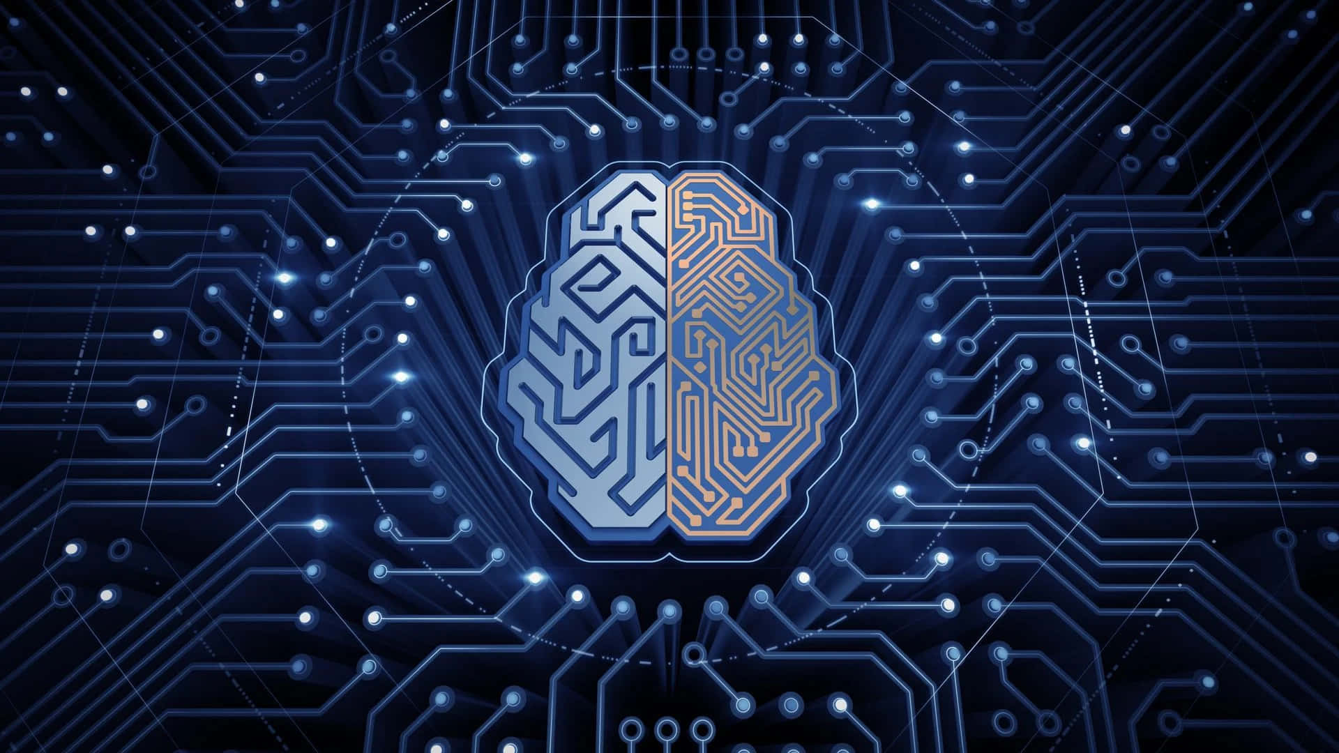 AI 桌布 壁紙 — 一個發光的大腦分裂成藍色和金色的電路圖案，居中在深藍色主機板背景上。