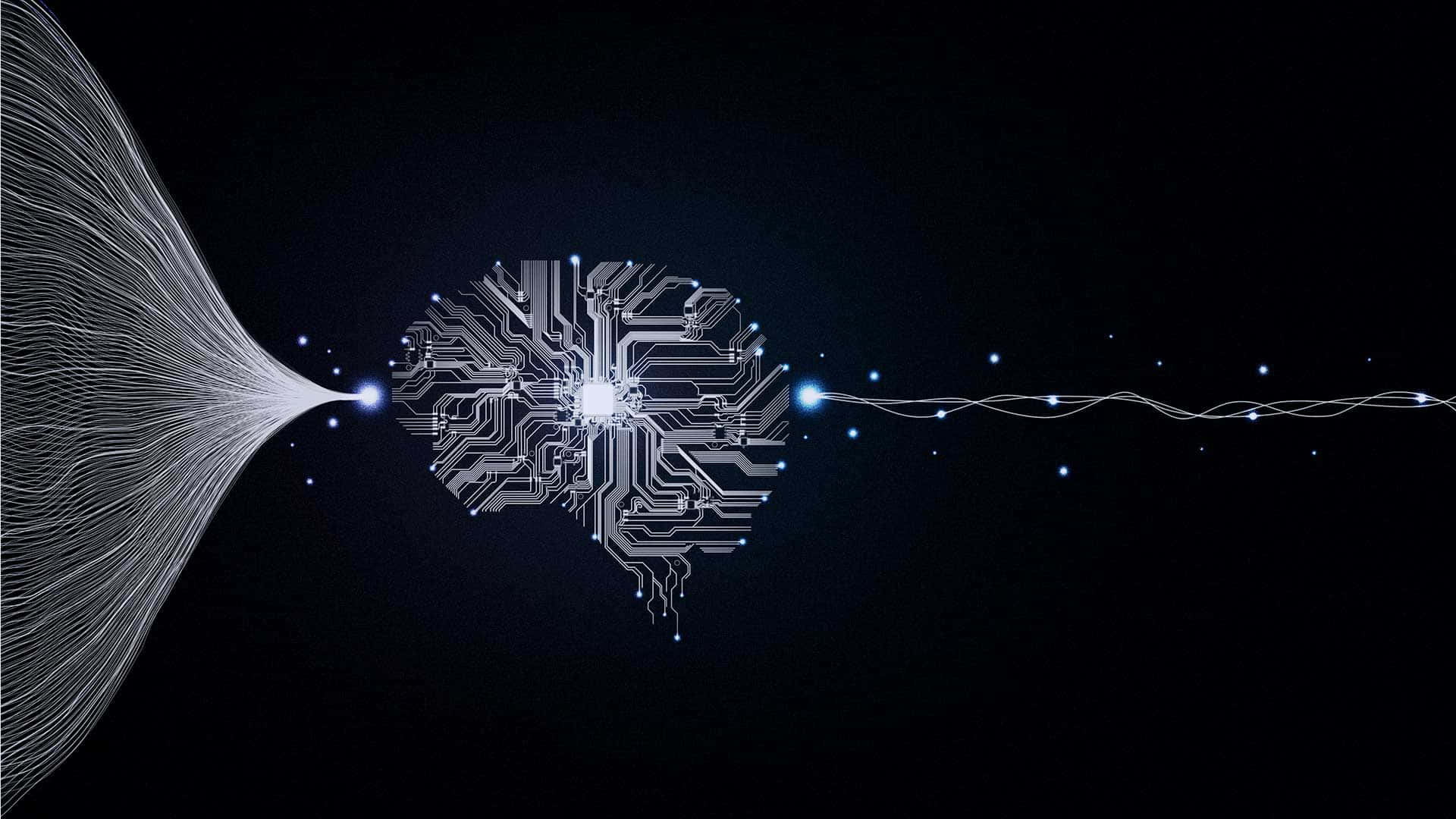 AI 桌布 壁紙 — 一個發光的大腦形狀電路板在黑暗虛空中脈動著光芒，由流動的數據流連接。