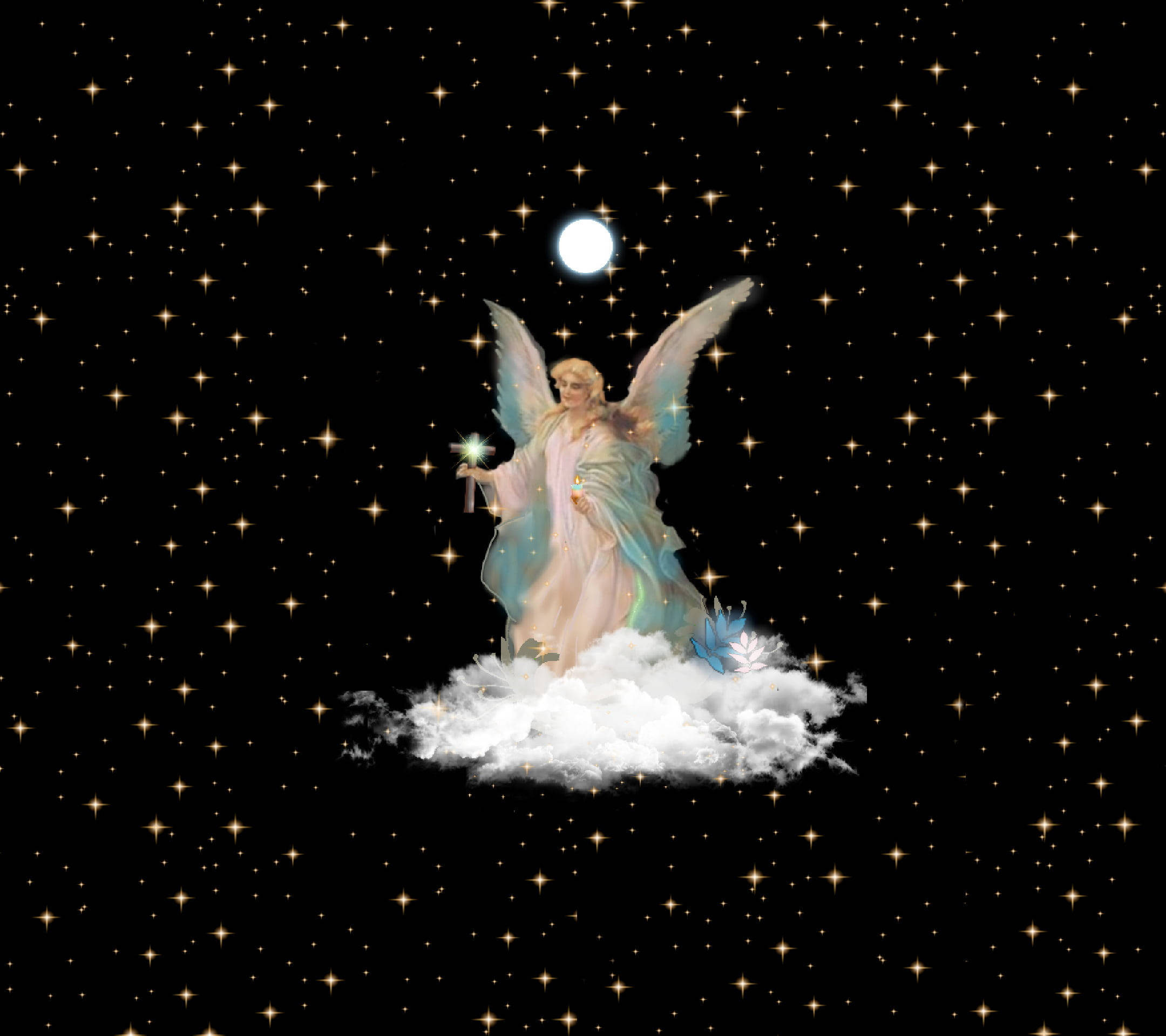 angels 桌布 壁紙 — 一個發光的天使，擁有半透明的翅膀，站在一朵蓬鬆的雲上，手持一根光芒四射的杖，背景是滿月的星空夜空。