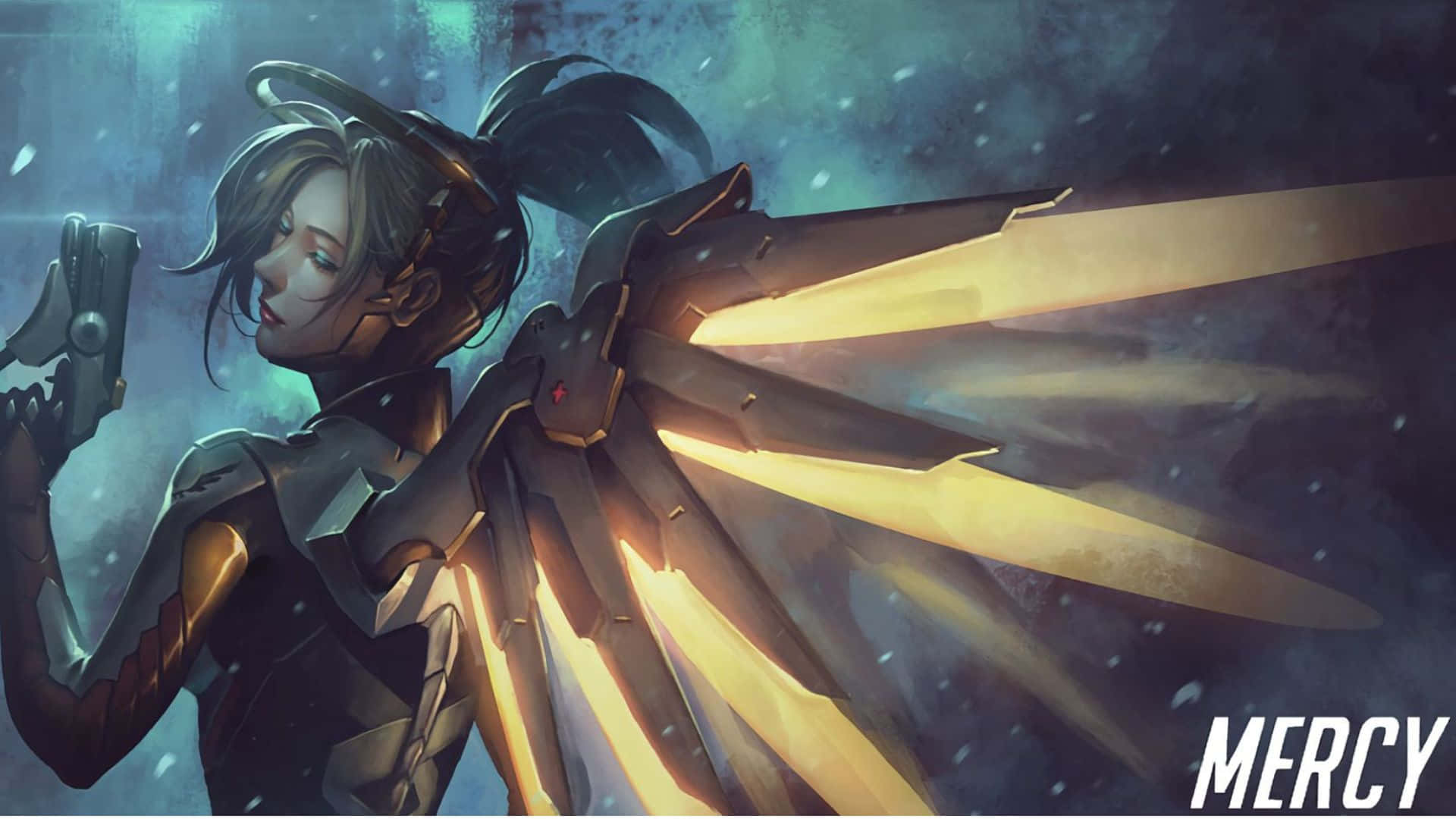 1920x1080 Overwatch 桌布 壁紙 — 一個發光的天使戰士，擁有機械翅膀，在黑暗風暴背景下手持手槍。