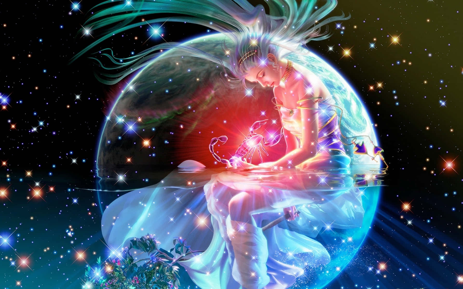 astrology 桌布 壁紙 — 一個發光的天體人物，長髮飄逸，坐在行星上，在星空宇宙背景下抱著一隻發光的天蠍。
