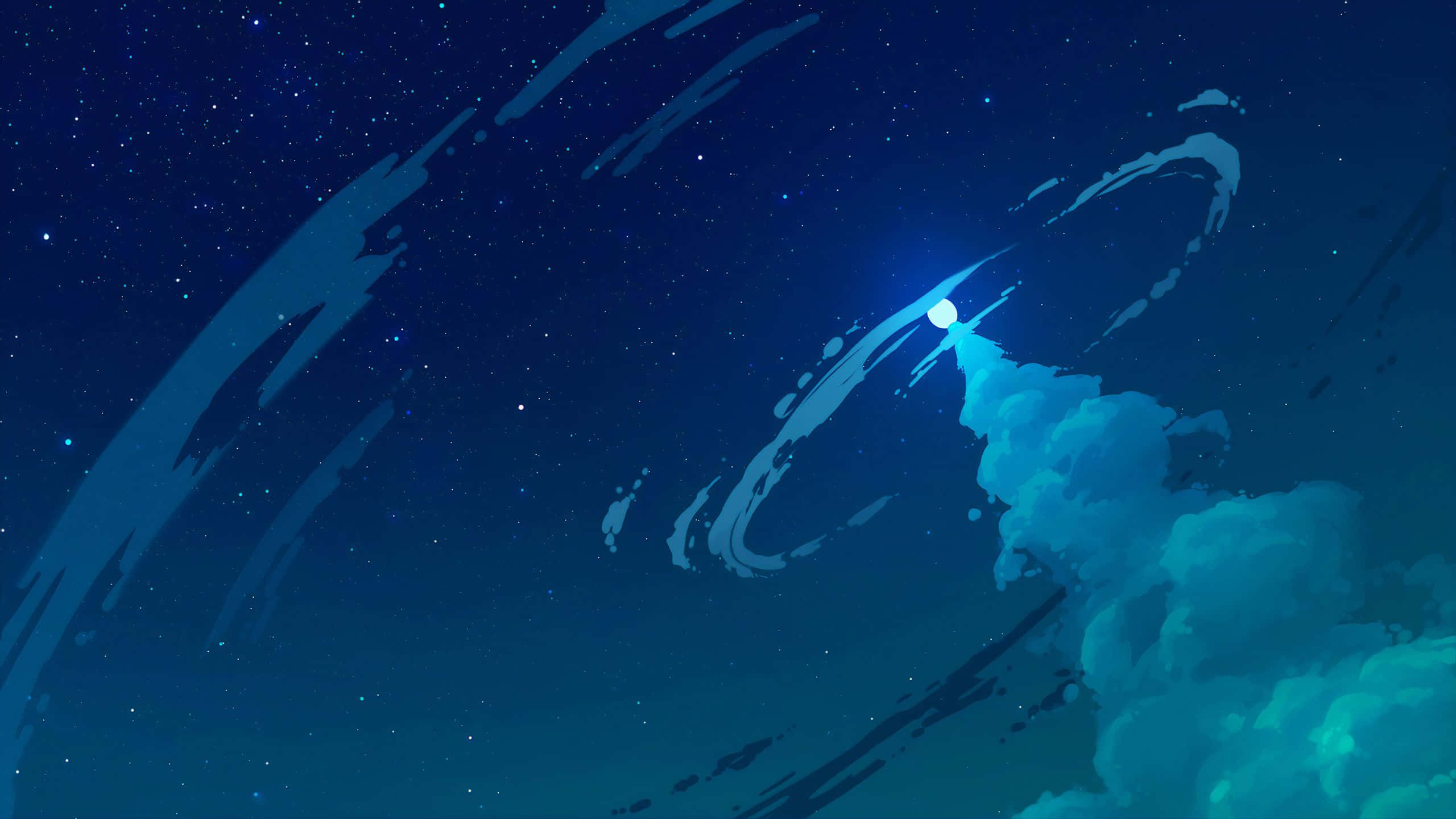 數位藝術 桌布 壁紙 — 一個發光的天體劃過繁星點點的夜空，伴隨著旋轉的藍色雲彩和宇宙般的筆觸。