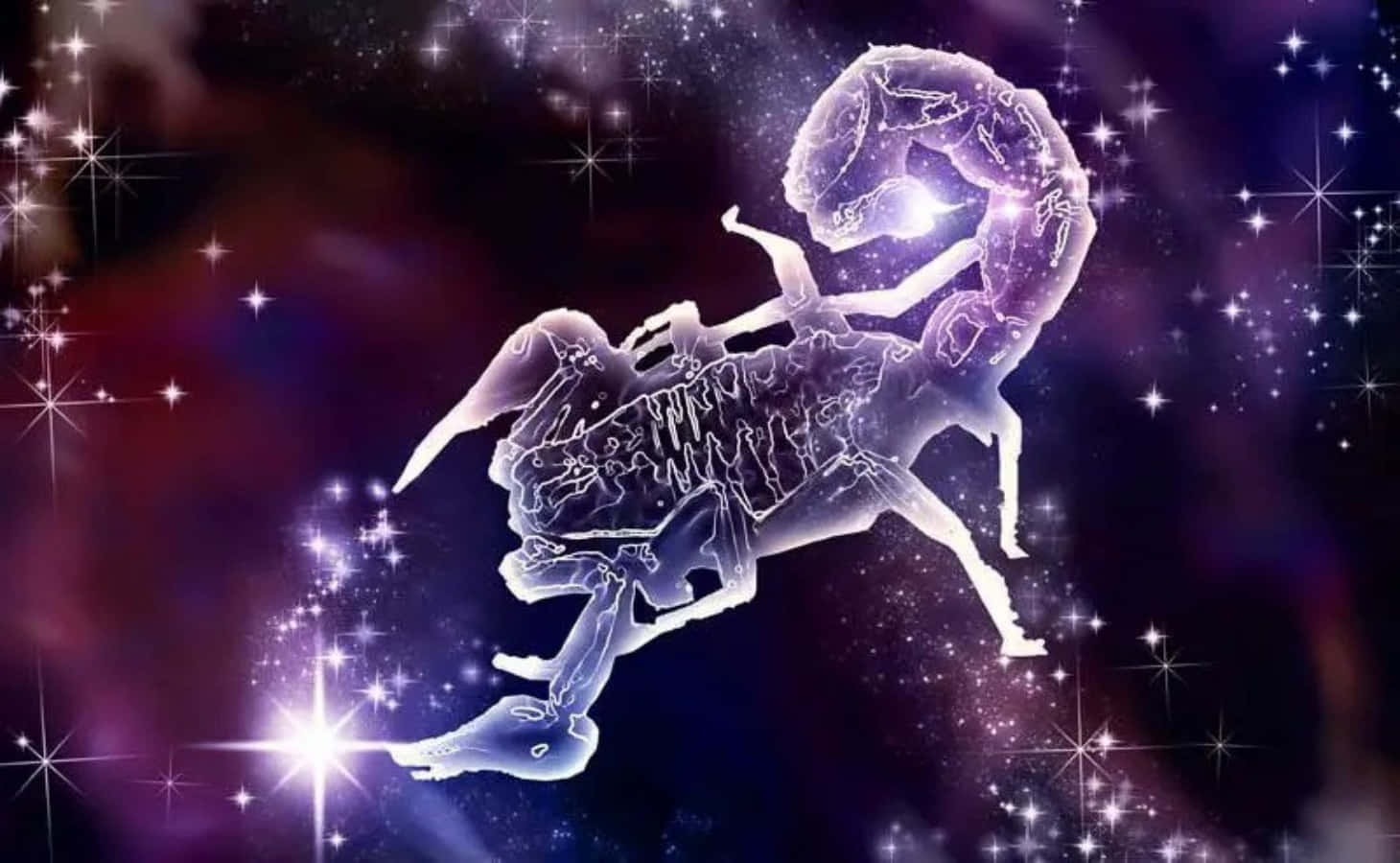 Scorpio 桌布 壁紙 — 一個發光的天體天蠍座星座，以白色光線勾勒，背景是繁星點點的紫色和藍色宇宙。