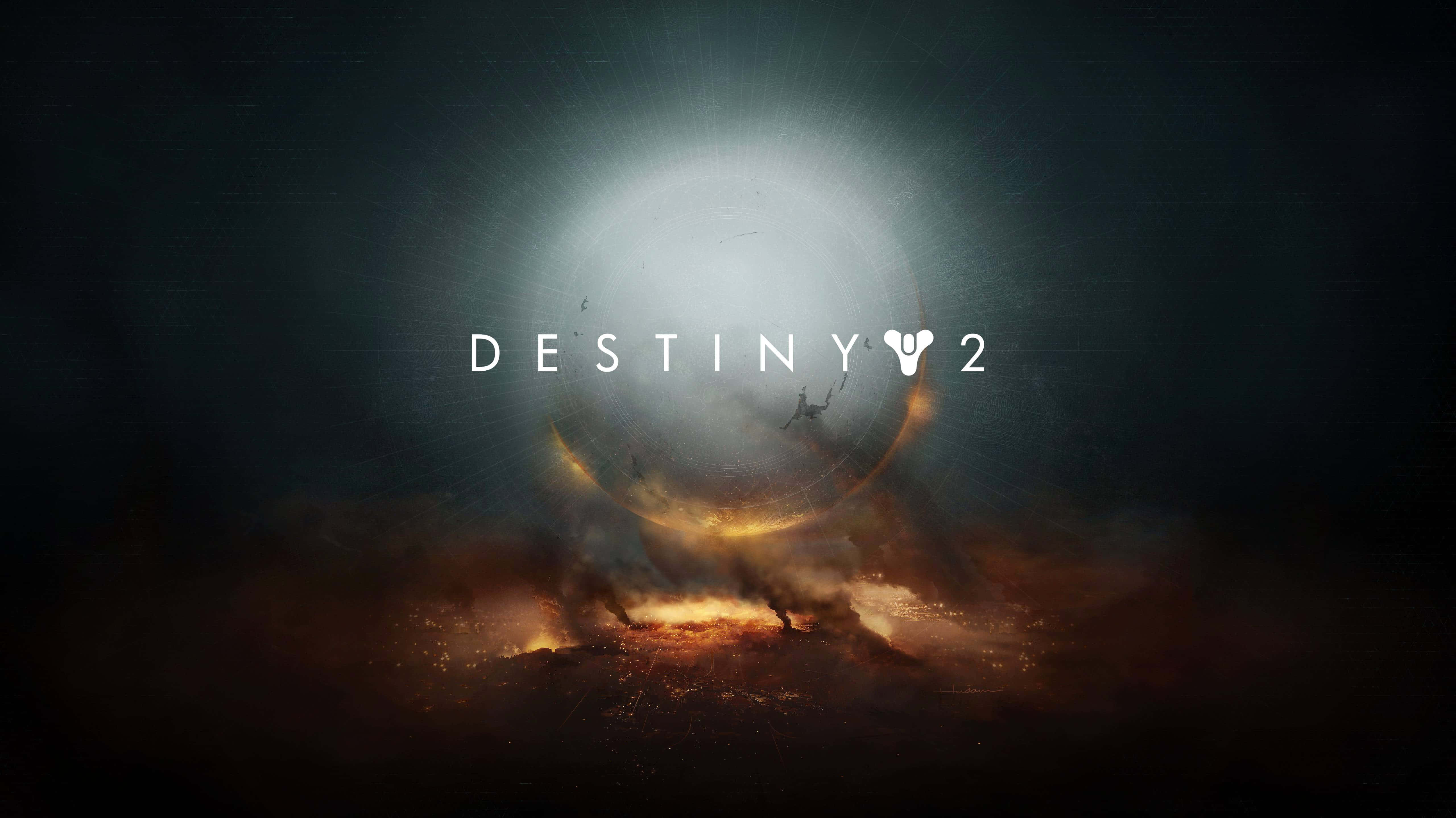 電玩遊戲 桌布 壁紙 — 一個發光的天體懸浮在熾熱的戰場上空，Destiny 2 標誌位於黑暗天空的中心。