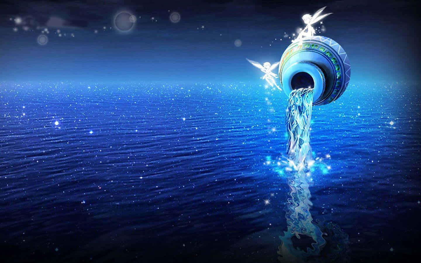 aquarius 桌布 壁紙 — 一個發光的天體甕在黑暗的天空下，將閃爍的水倒入星海，周圍漂浮著球體。