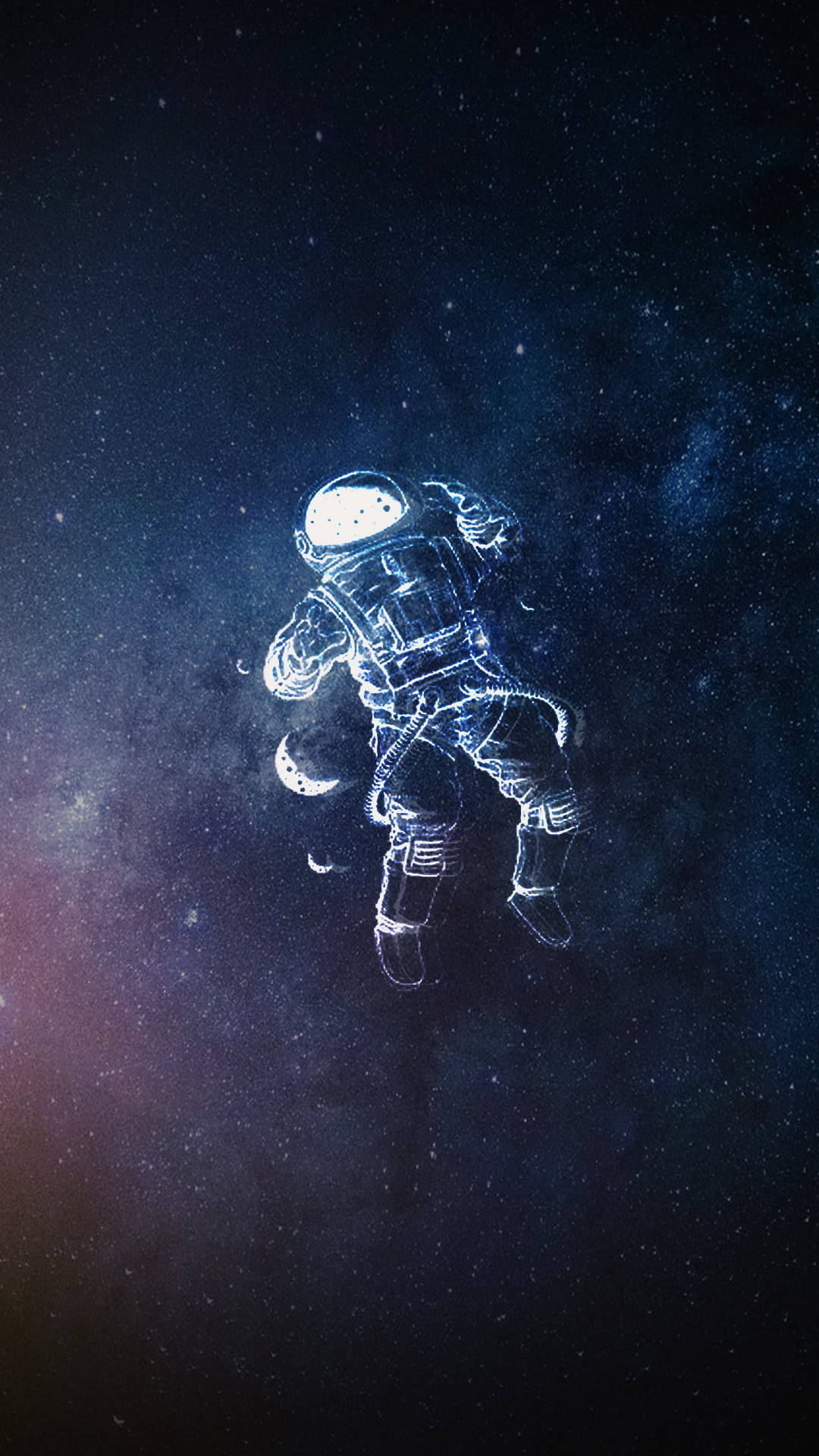 太空 桌布 壁紙 — 一個發光的太空人在深邃的太空中漂浮，背景是繁星點點的宇宙，有星雲和遙遠的月球。
