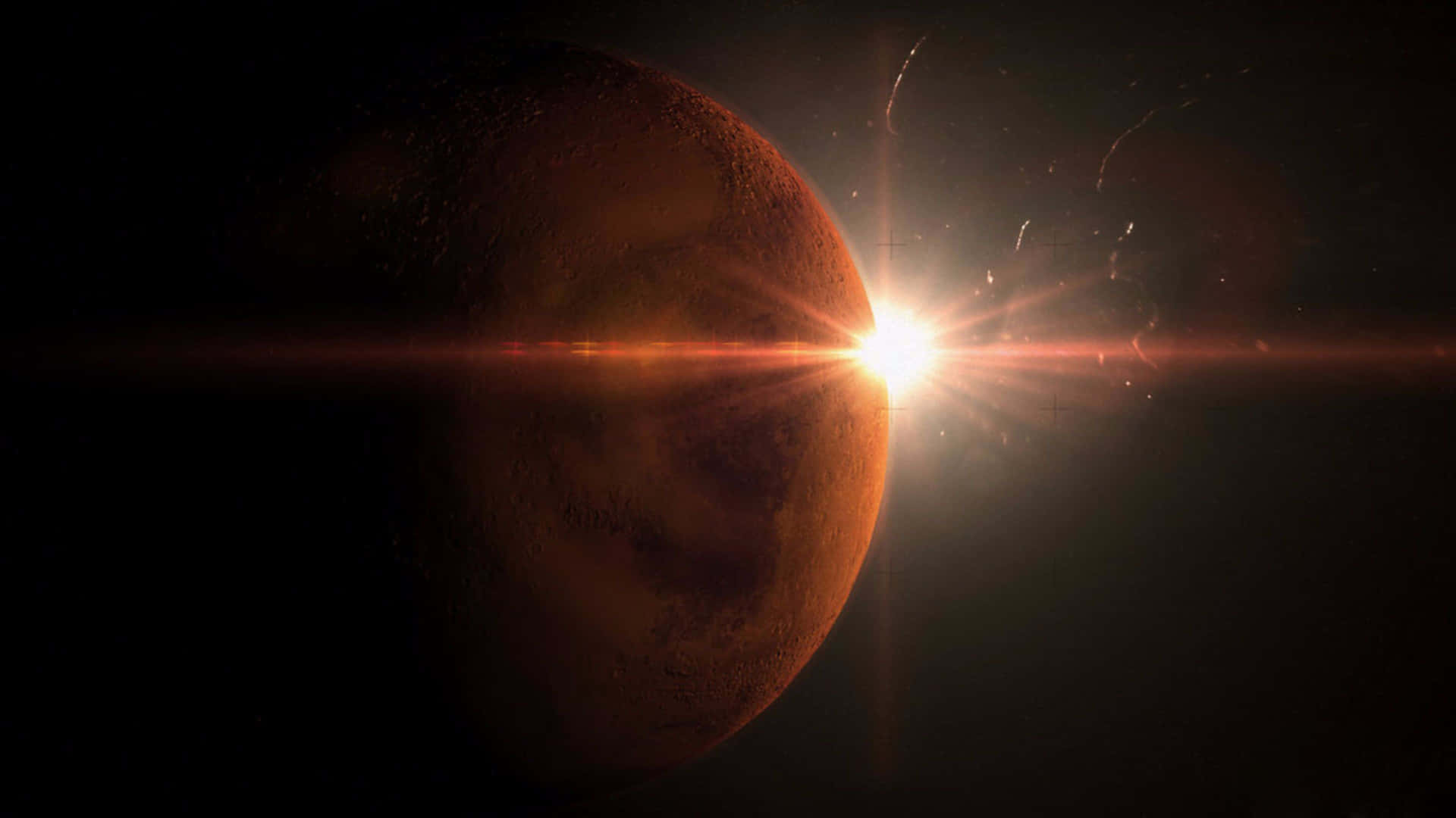  壁紙 — 一個發光的太陽爆發照亮了一顆微紅色行星崎嶇的表面，背景是繁星點點的宇宙虛空。