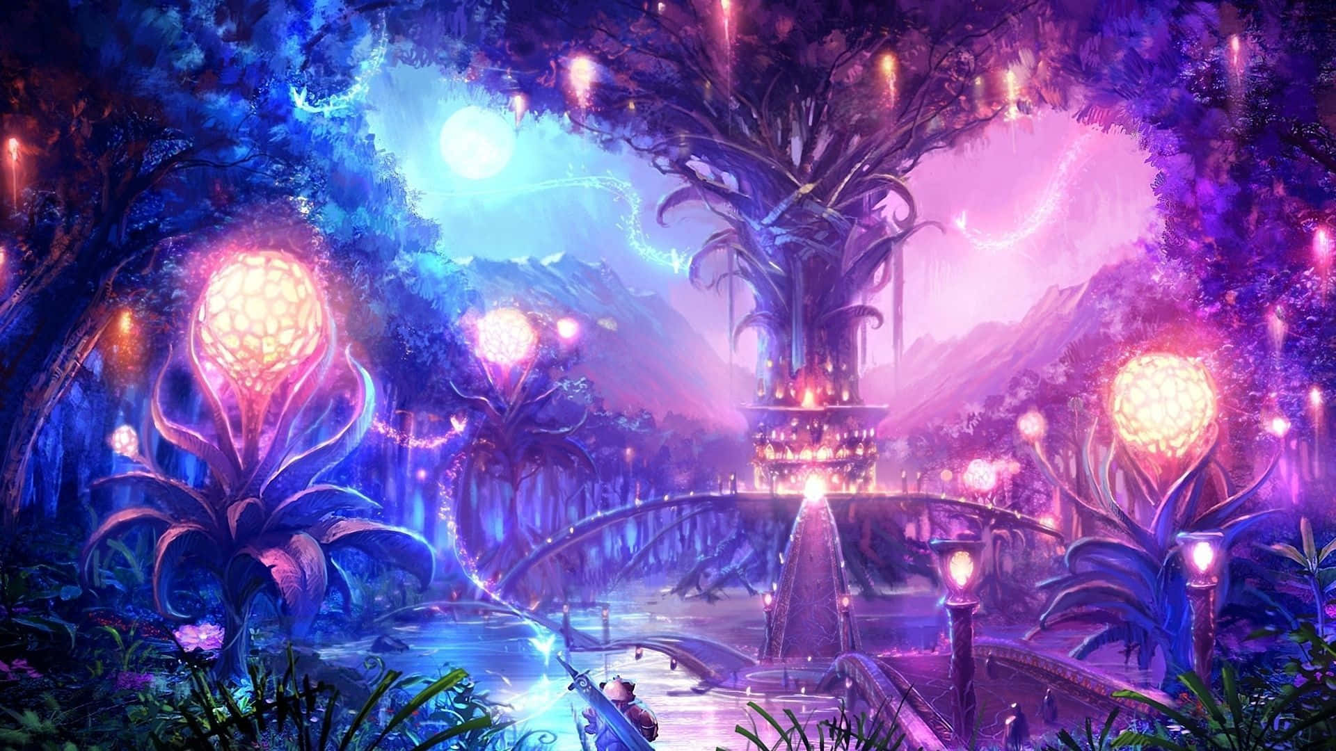 Fantasy Anime 桌布 壁紙 — 一個發光的奇幻森林，帶有霓虹粉紅和藍色的生物發光植物，以及一座神秘橋樑，通往月光下發光的塔樓。