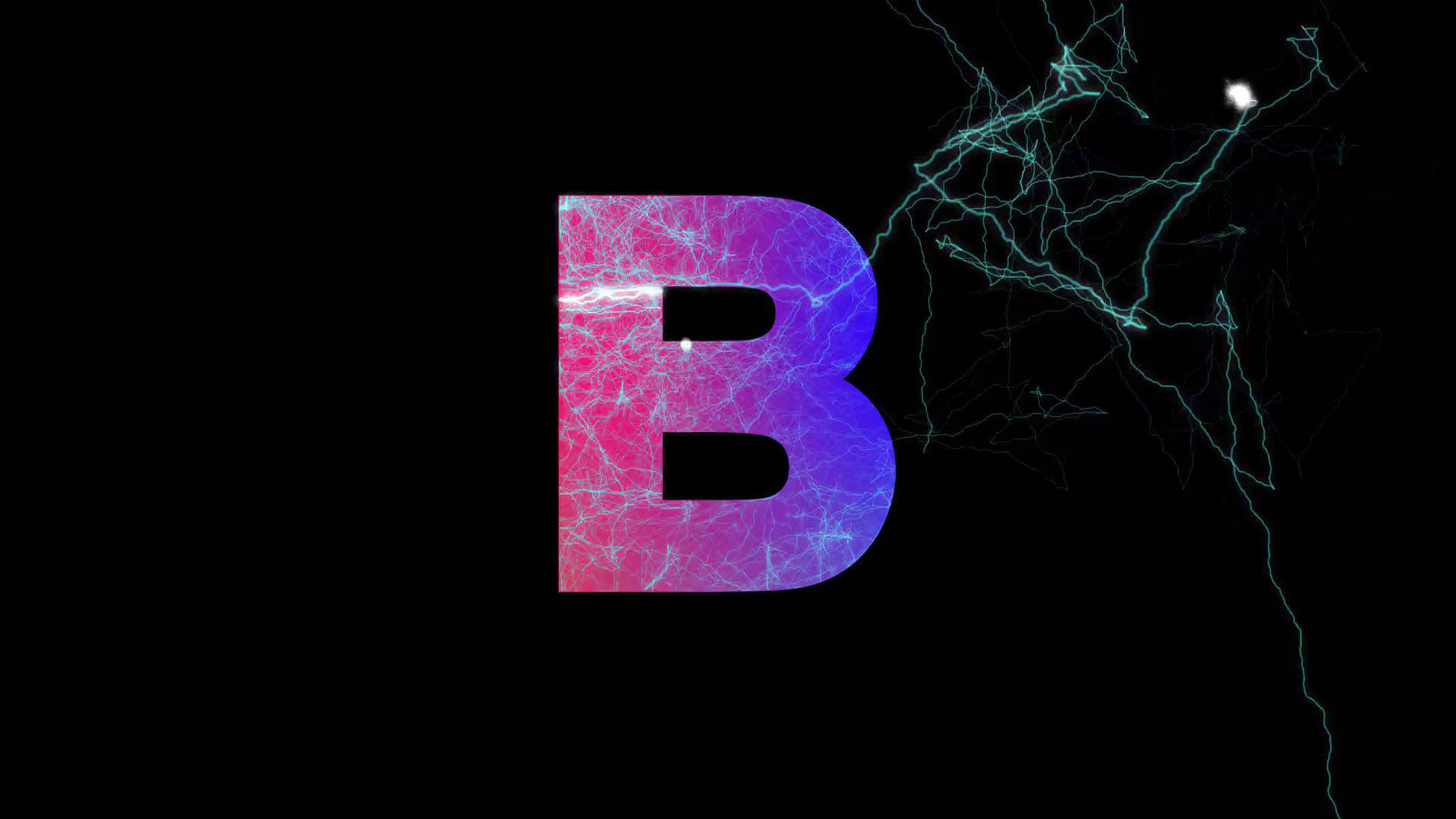 字母B 桌布 壁紙 — 一個發光的字母B在黑色虛空中脈動著電能，迸發出充滿活力的粉紅色和藍色閃電紋理。