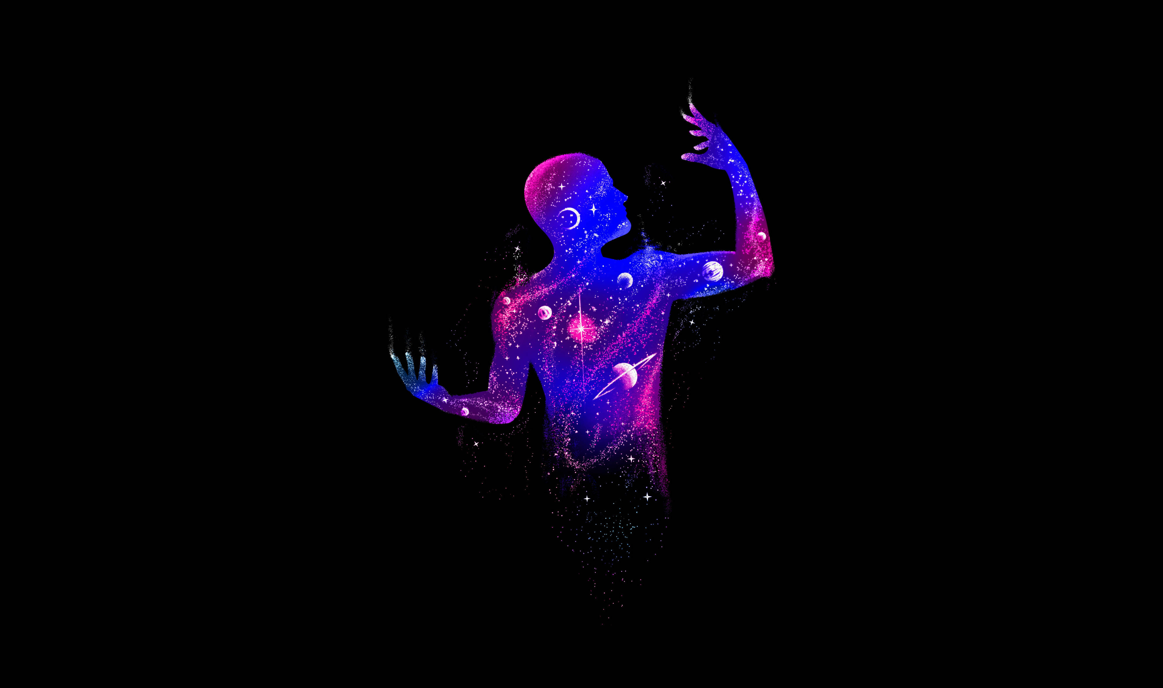 黑色藝術 桌布 壁紙 — 一個發光的宇宙人形剪影，內部有星星、行星和星系在黑色虛空中旋轉。