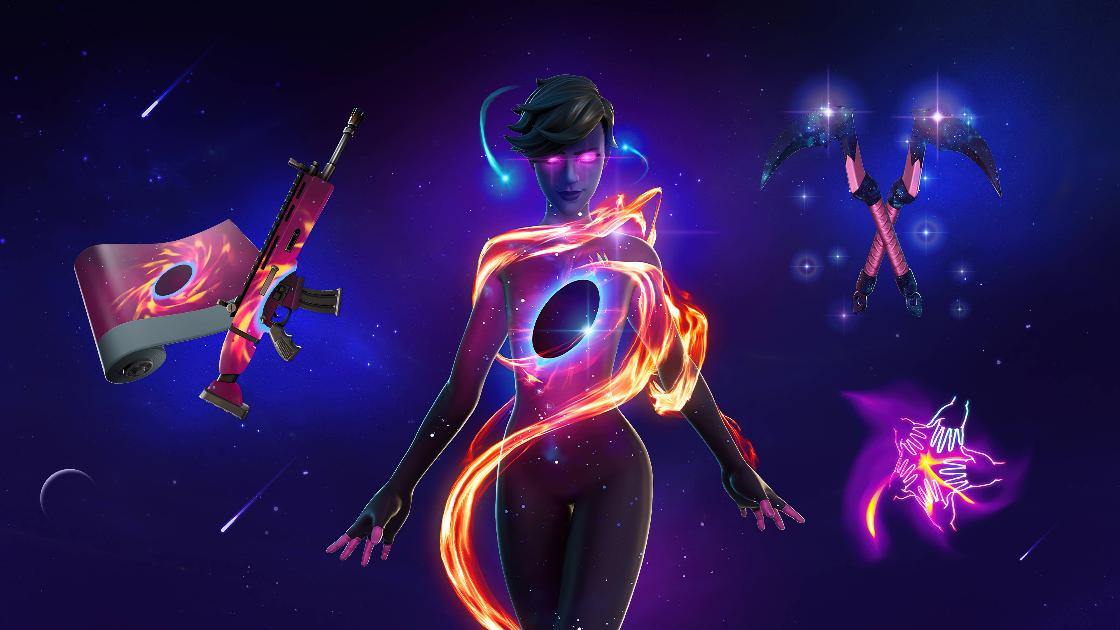 Fortnite 造型 桌布 壁紙 — 一個發光的宇宙人物，帶有霓虹能量軌跡，站在浮動武器之間，背景是星空夜空。