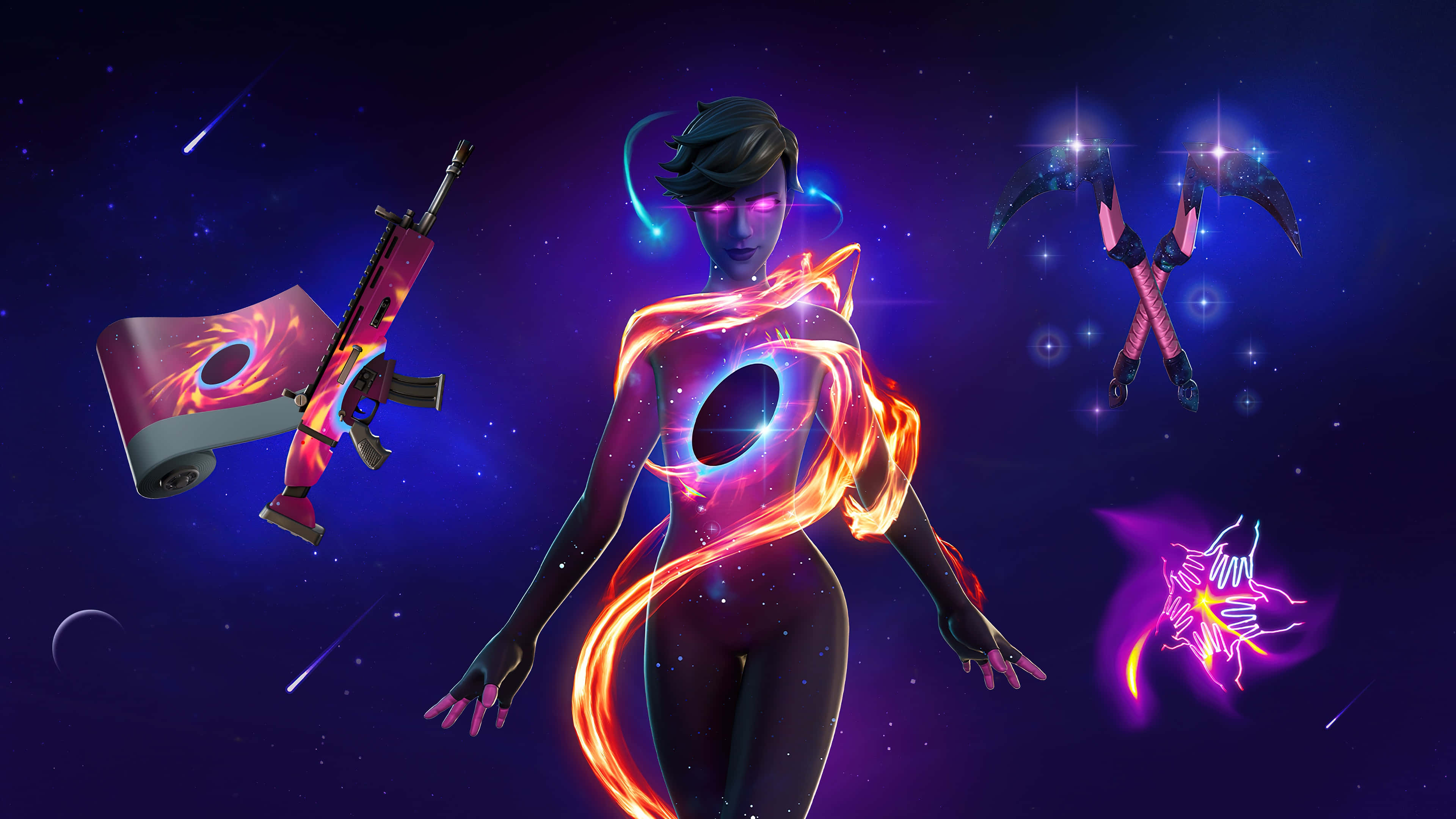 Fortnite 桌布 壁紙 — 一個發光的宇宙人物帶有霓虹能量軌跡，站在漂浮的武器之間，背景是繁星點點的紫色夜空。