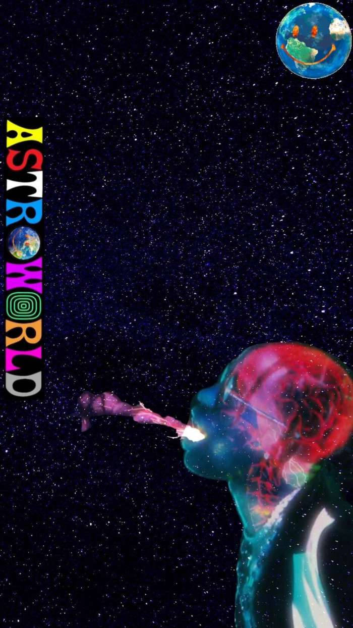崔維斯·史考特 桌布 壁紙 — 一個發光的宇宙人類剪影向繁星虛空呼出星雲，上方漂浮著微笑的地球。