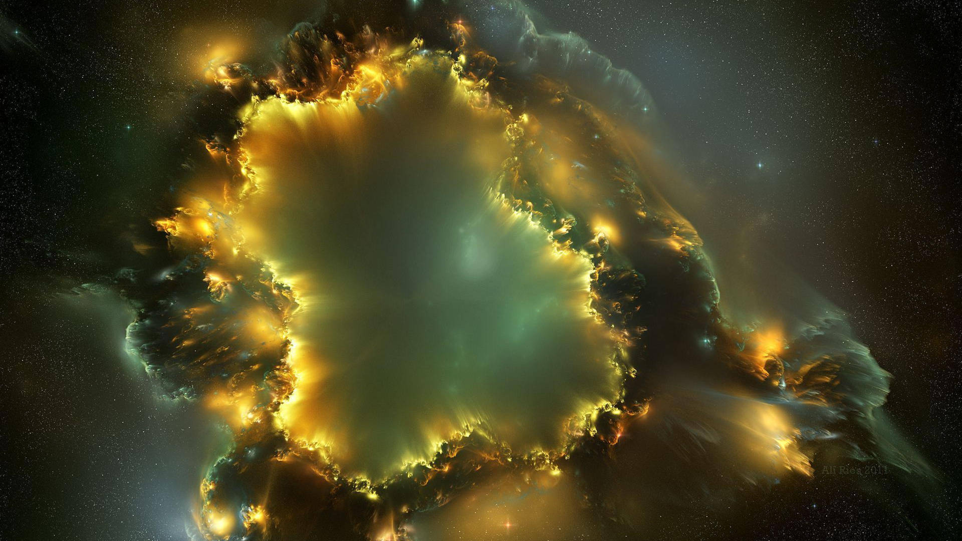 太空 桌布 壁紙 — 一個發光的宇宙星雲，帶有火黃色邊緣和藍綠色中心，漂浮在繁星點點的黑色虛空中。