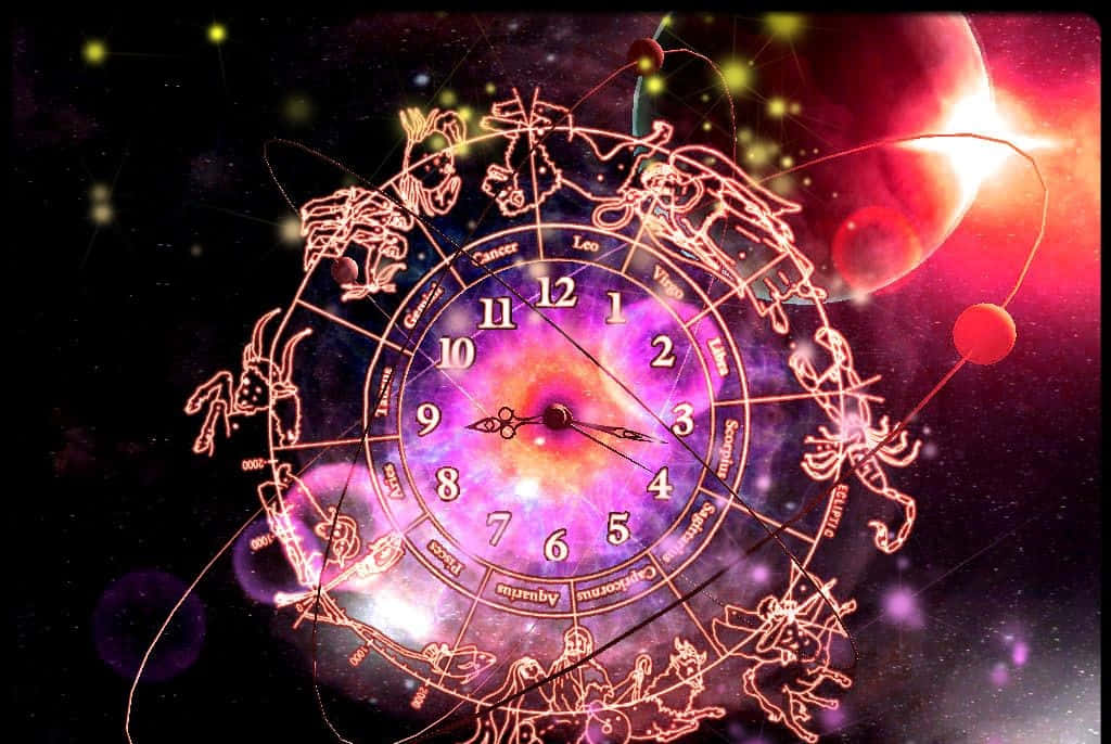 zodiac 桌布 壁紙 — 一個發光的宇宙時鐘，被星座環繞，背景是佈滿星星的星雲、行星和光芒四射的光線。