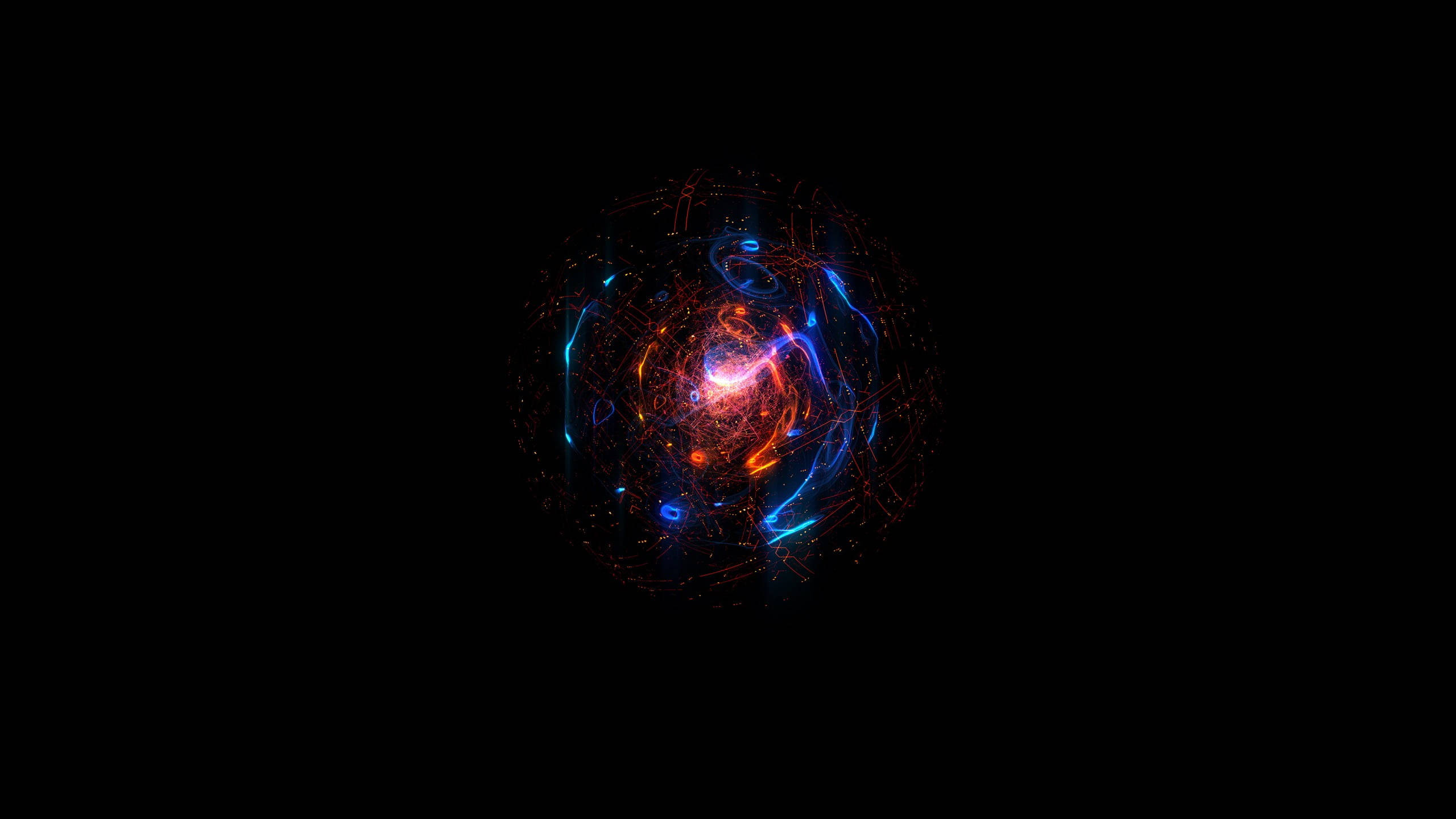 設計 桌布 壁紙 — 一個發光的宇宙球體在虛空黑色背景上，脈動著火橙色和電光藍色的能量。