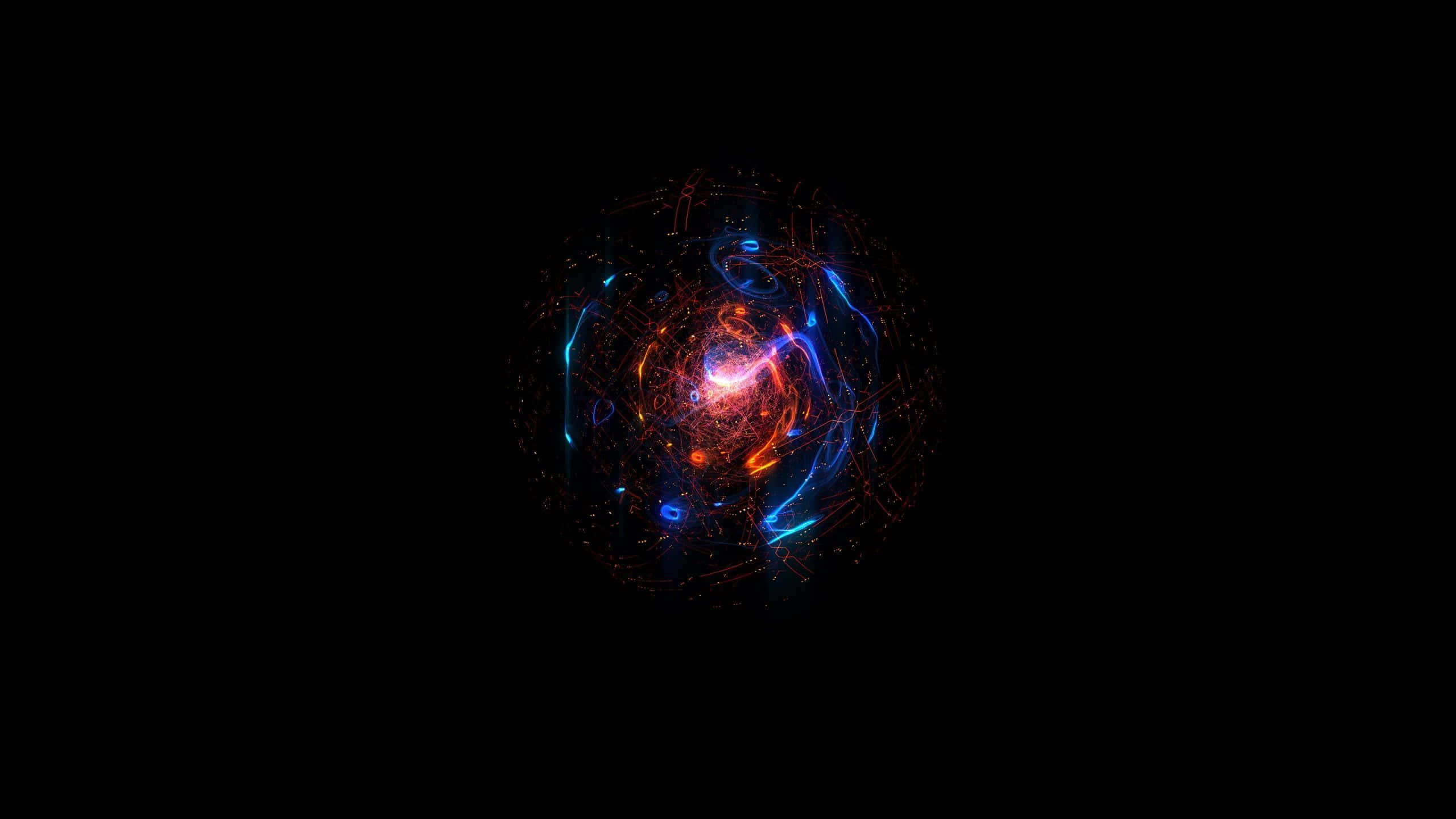Dark Digital Art 桌布 壁紙 — 一個發光的宇宙球體在虛空黑色背景上，脈動著火橙色和電光藍色的能量。