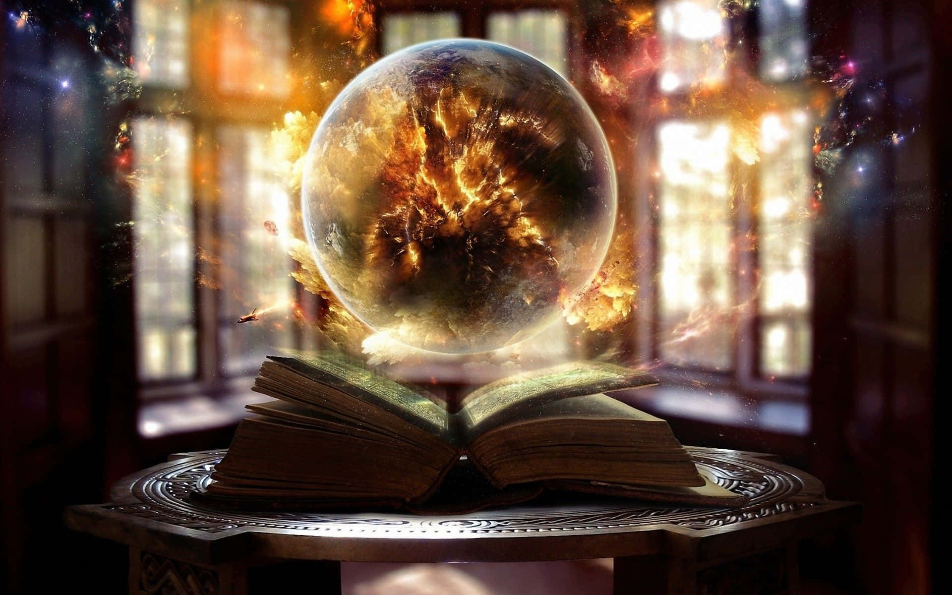 Crystal Ball 桌布 壁紙 — 一個發光的宇宙球體從一張華麗桌子上的古老打開的書中噴出，被穿過高窗的火焰般的光框住。
