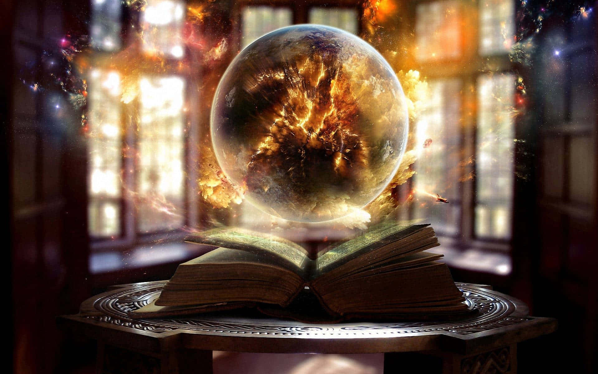 Grimoire 桌布 壁紙 — 一個發光的宇宙球體從一張華麗桌子上的古老打開的書中噴出，被神秘書房中熾熱的窗戶框住。