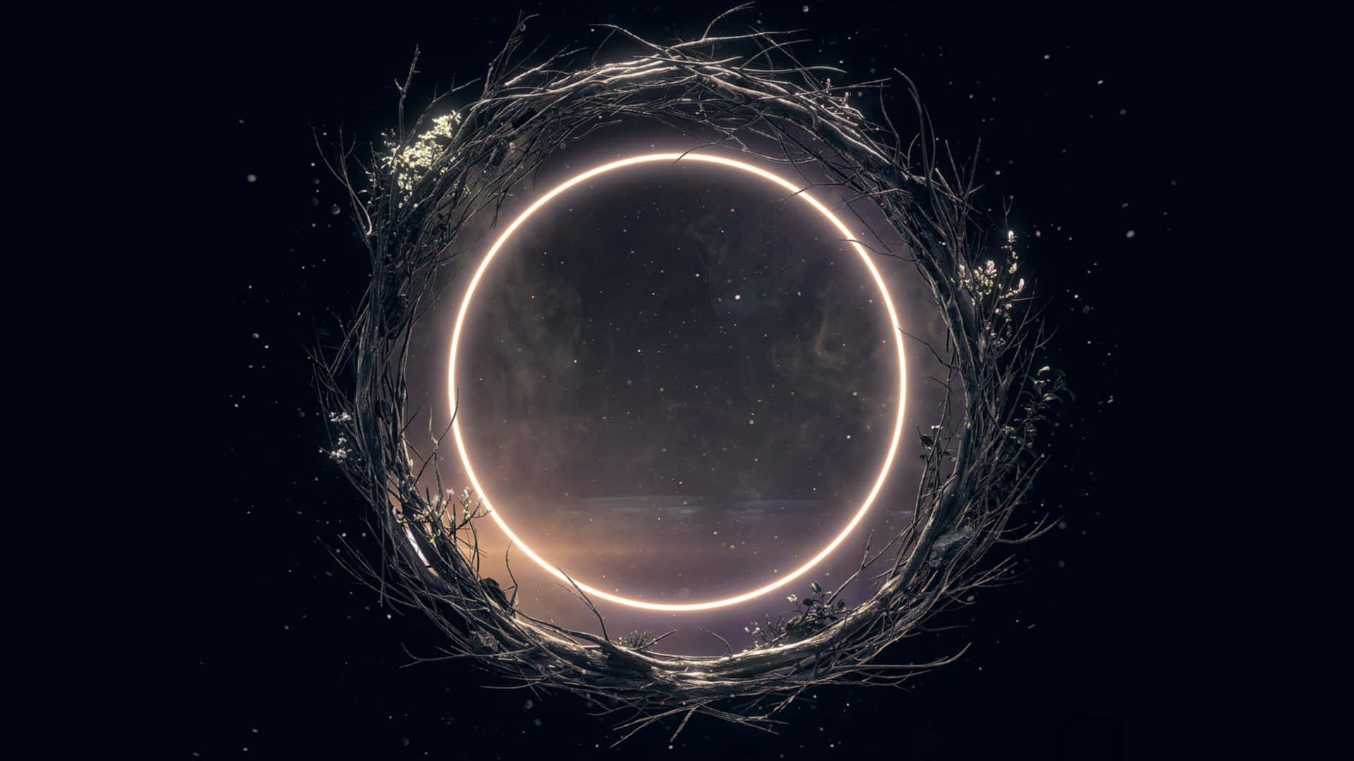Music Video 桌布 壁紙 — 一個發光的宇宙環，由深色樹枝花環框住，背景是繁星點點的夜空。