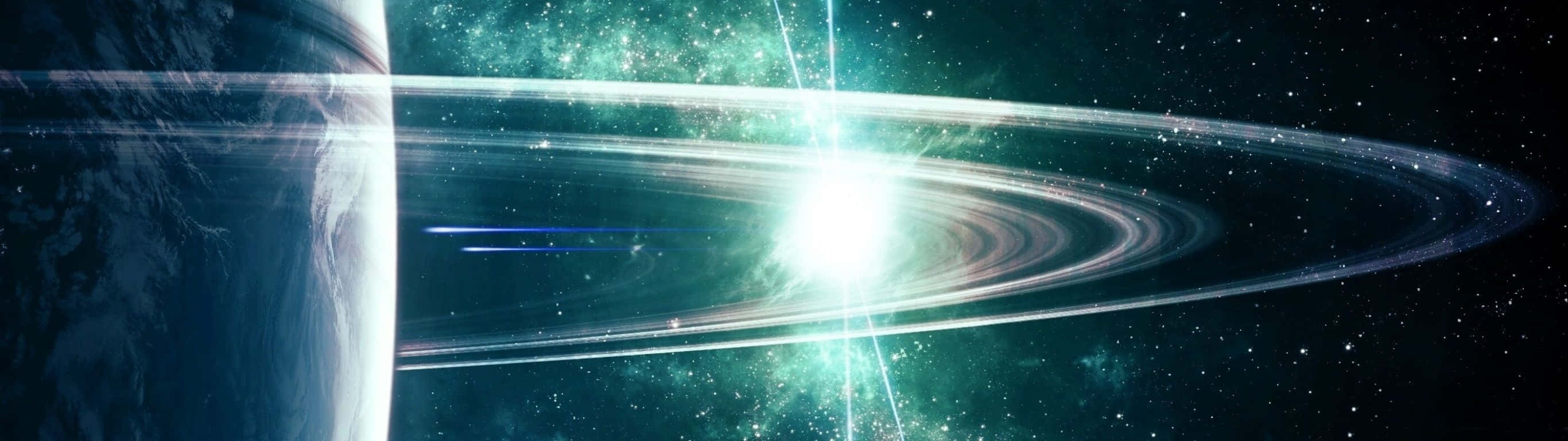 深空中的行星和發光環系統，伴隨著星星。 — 超寬 GIF 壁紙