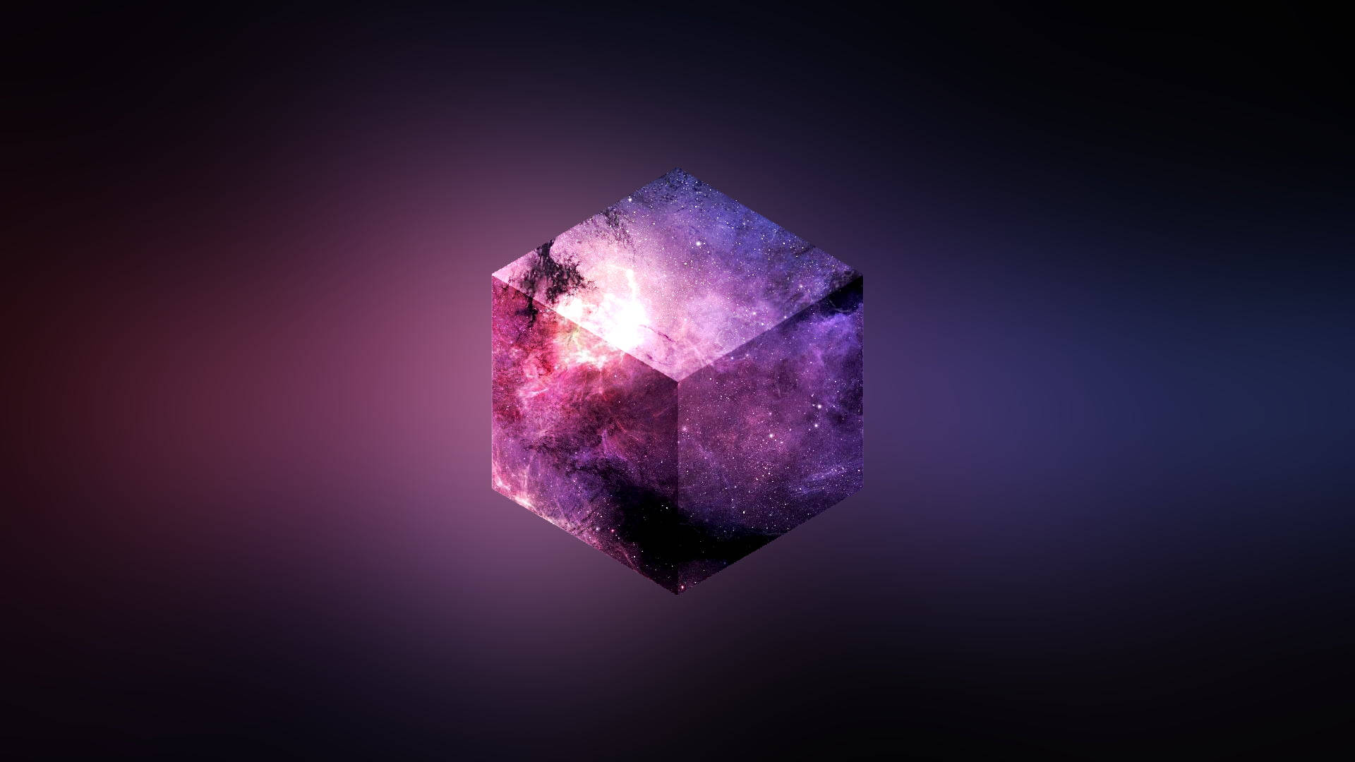 Amethyst 桌布 壁紙 — 一個發光的宇宙立方體，充滿了充滿活力的星雲和星星，漂浮在漸變的紫色和粉紅色虛空中。