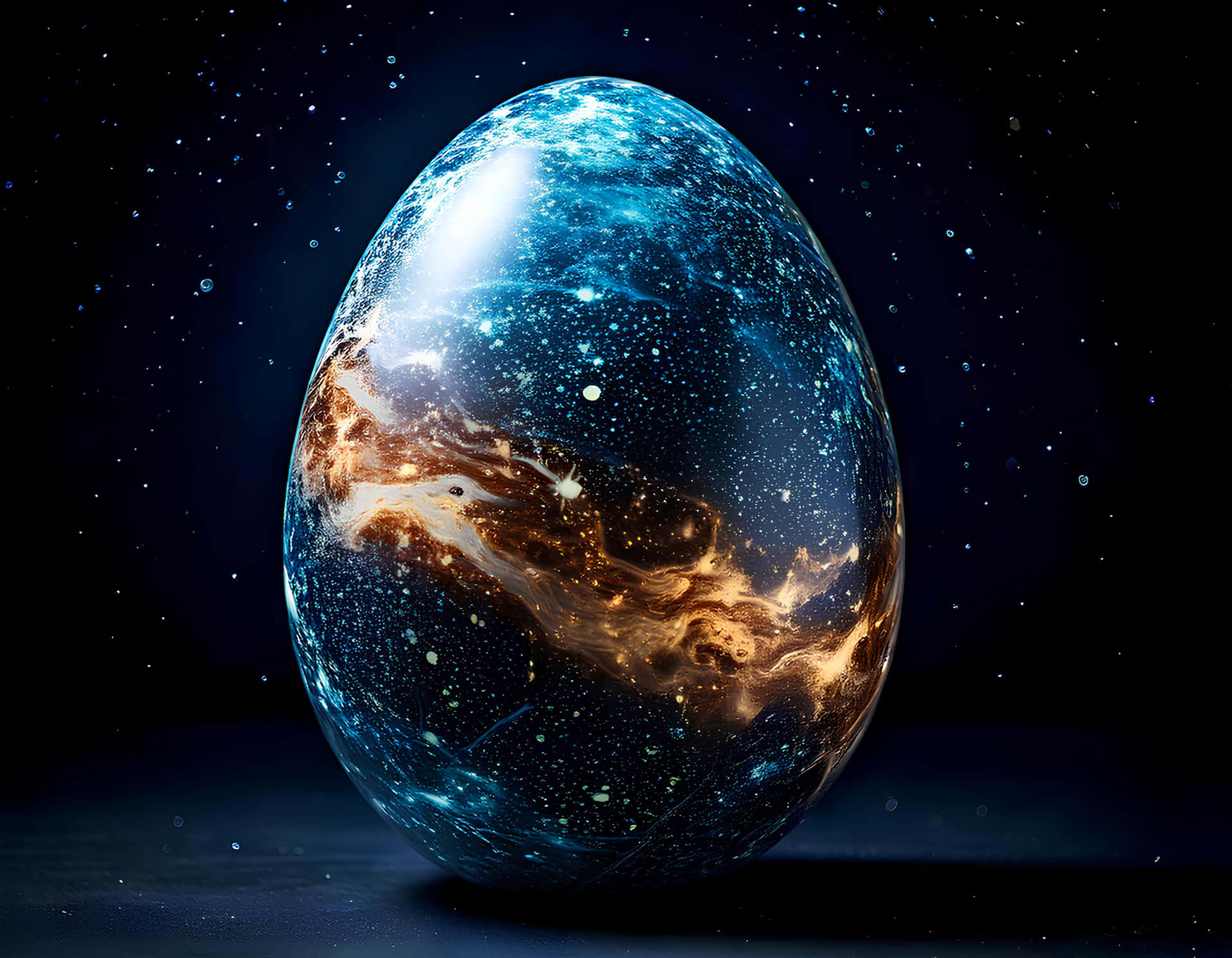 Cosmic Easter Egg 壁紙 — 一個發光的宇宙蛋，帶有旋轉的藍色和金色星雲，漂浮在佈滿星星的黑色虛空中。