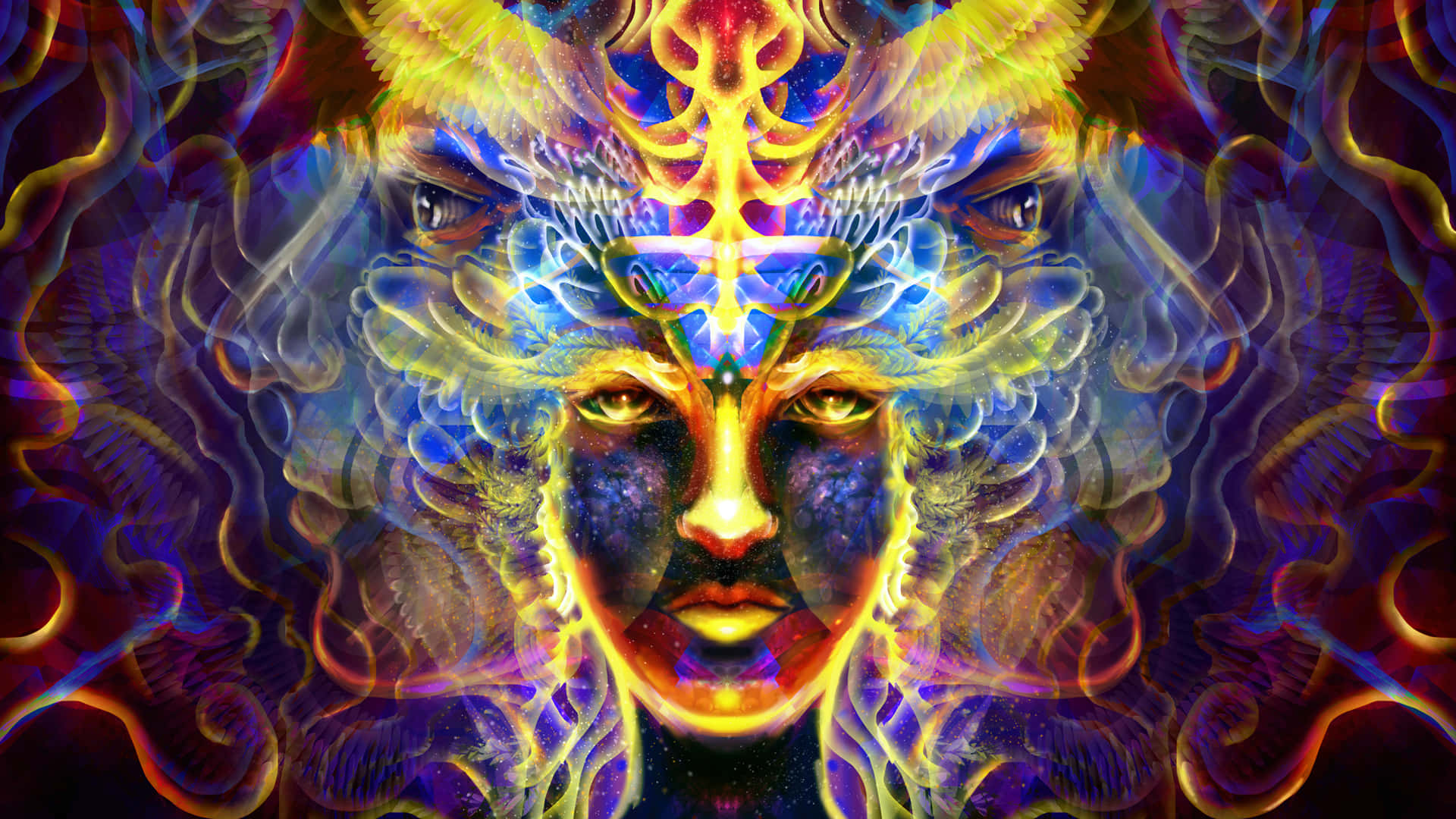 迷幻動圖 桌布 壁紙 — 一個發光的宇宙面孔，帶有發光的眼睛和羽毛翅膀，從旋轉的霓虹能量中浮現，背景黑暗。